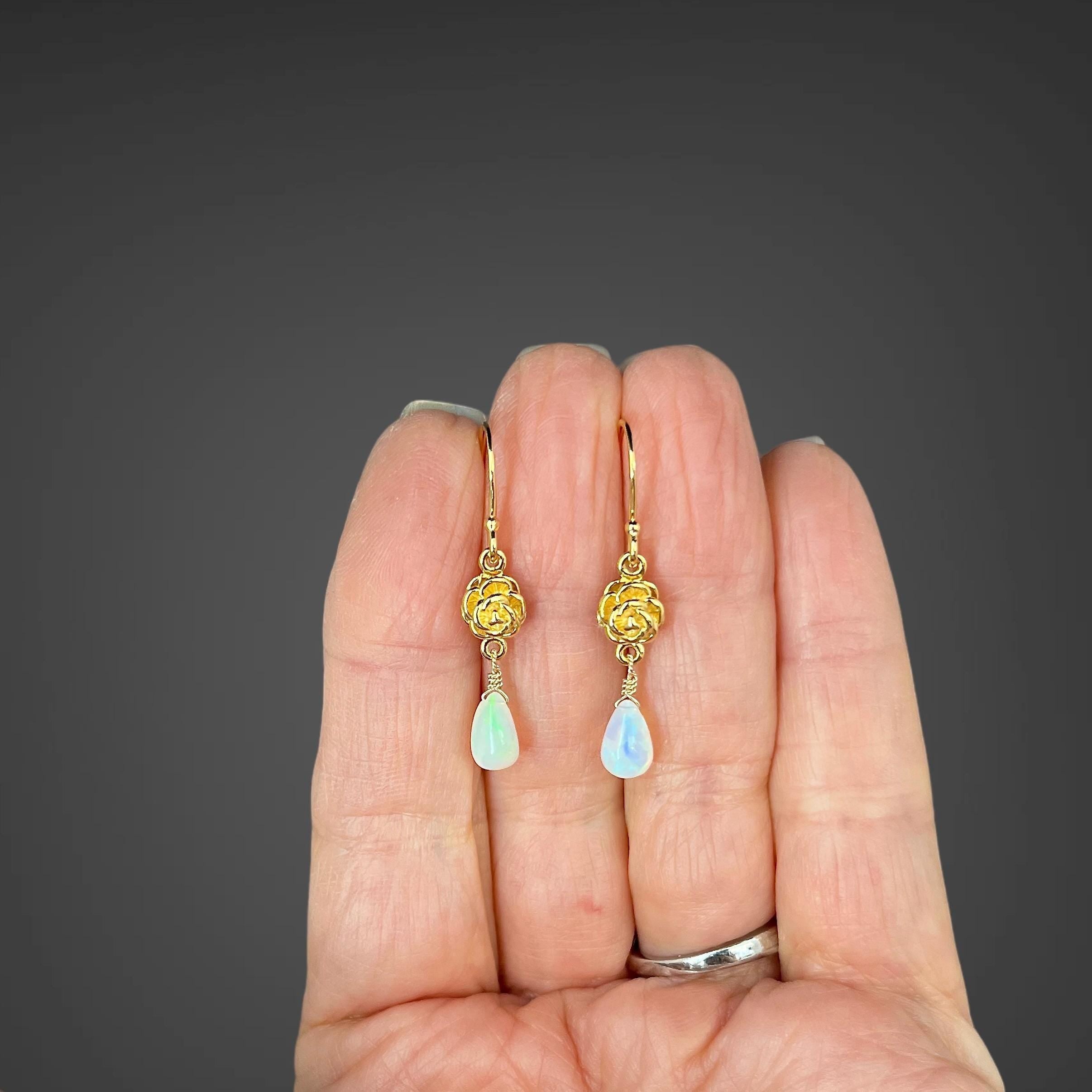 Ethiopian Opal Teardrop Dangle Earrings on Gold Vermeil Flower Links