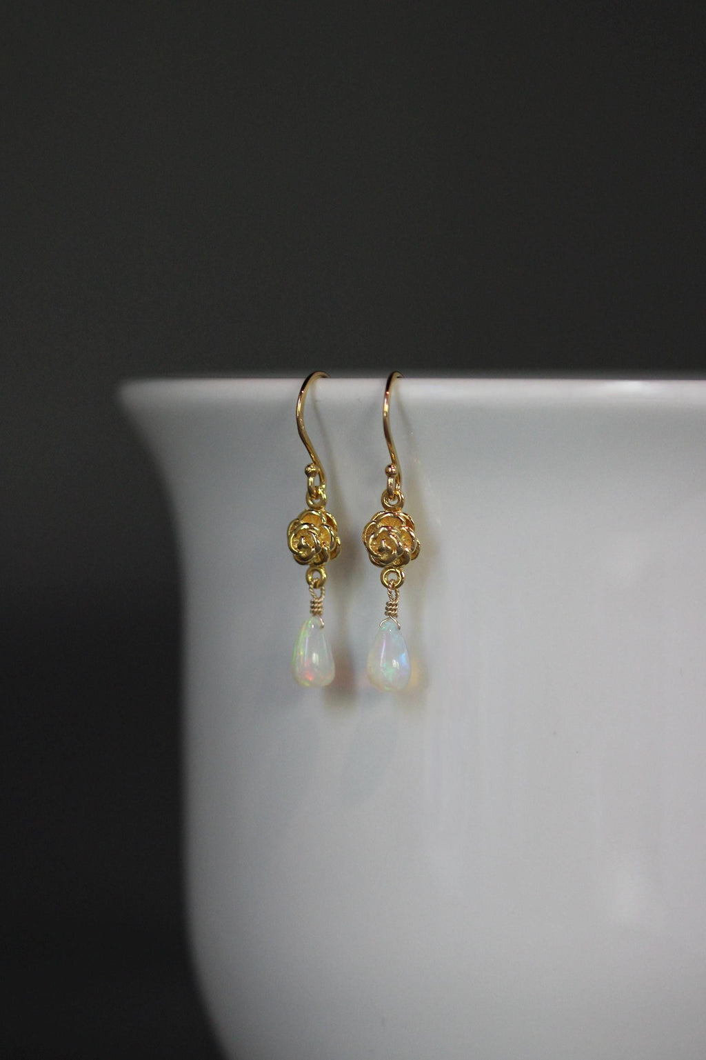 Ethiopian Opal Teardrop Dangle Earrings on Gold Vermeil Flower Links