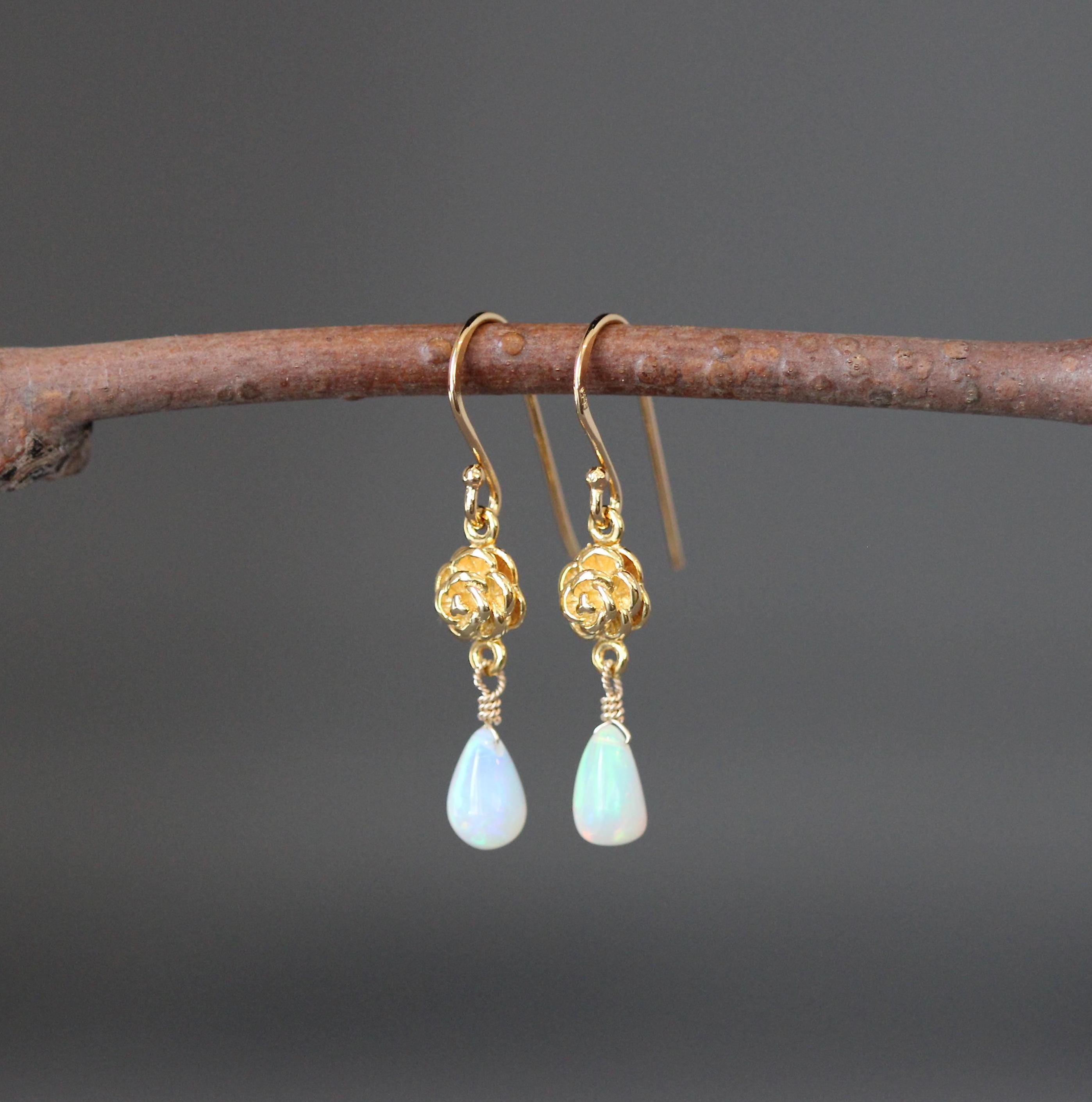 Ethiopian Opal Teardrop Dangle Earrings on Gold Vermeil Flower Links