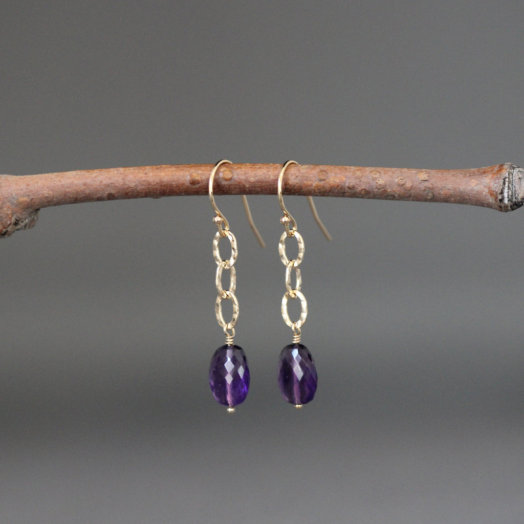 Amethyst Graduated Stone Necklace on Gold Filled Hammered Links