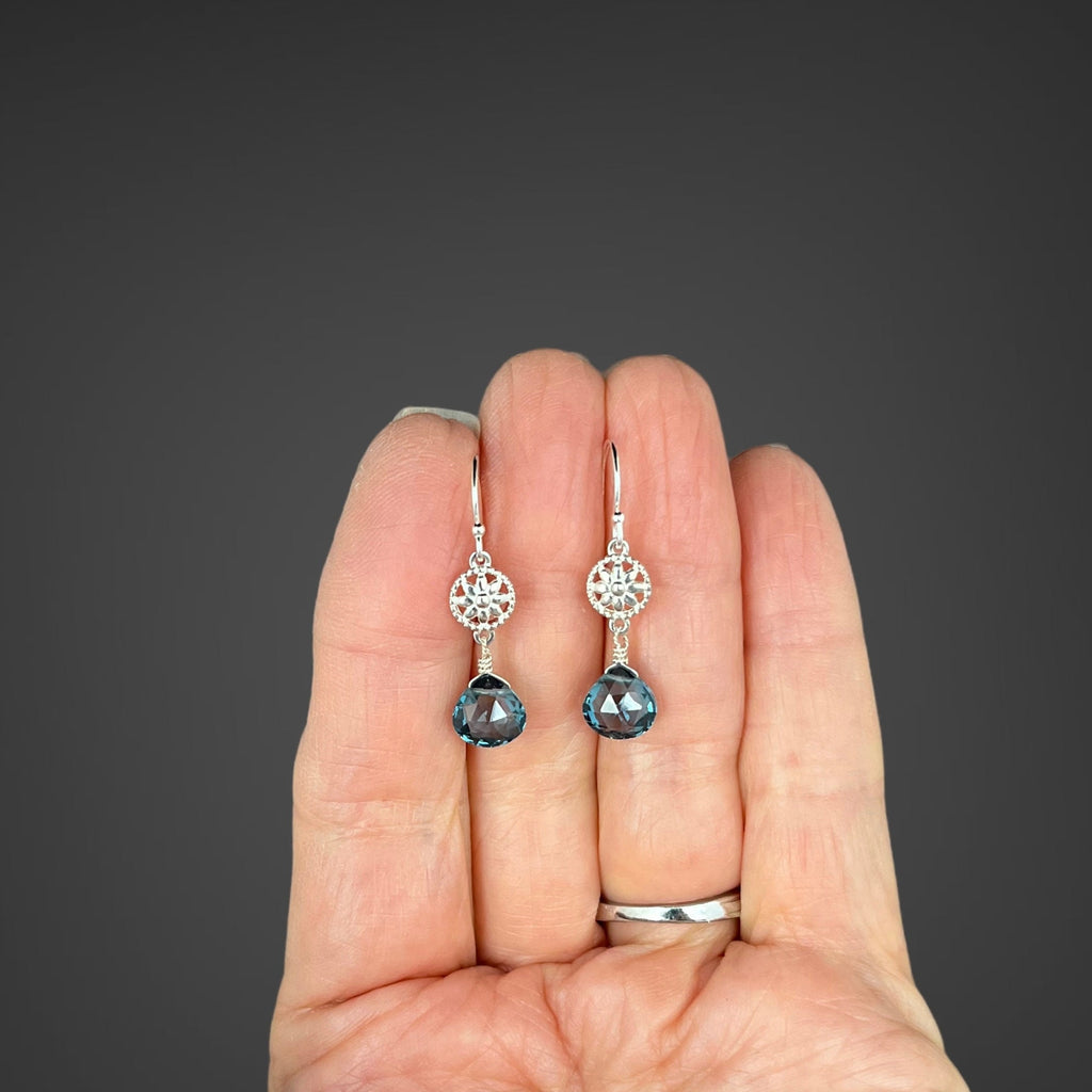 London Blue Quartz Teardrop Earrings on Bali Sterling Silver Flower Links