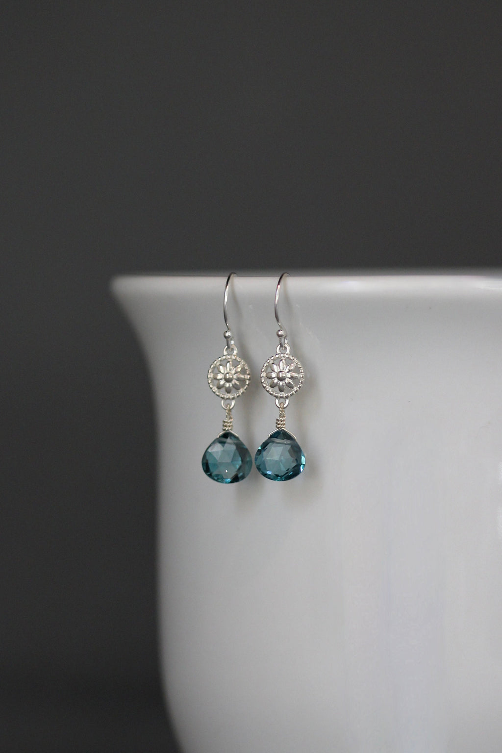 London Blue Quartz Teardrop Earrings on Bali Sterling Silver Flower Links