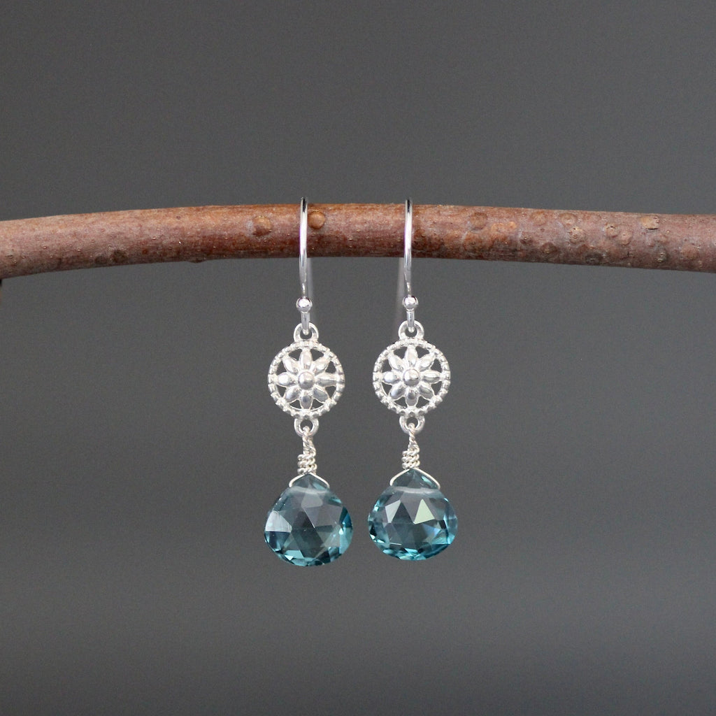 London Blue Quartz Teardrop Earrings on Bali Sterling Silver Flower Links