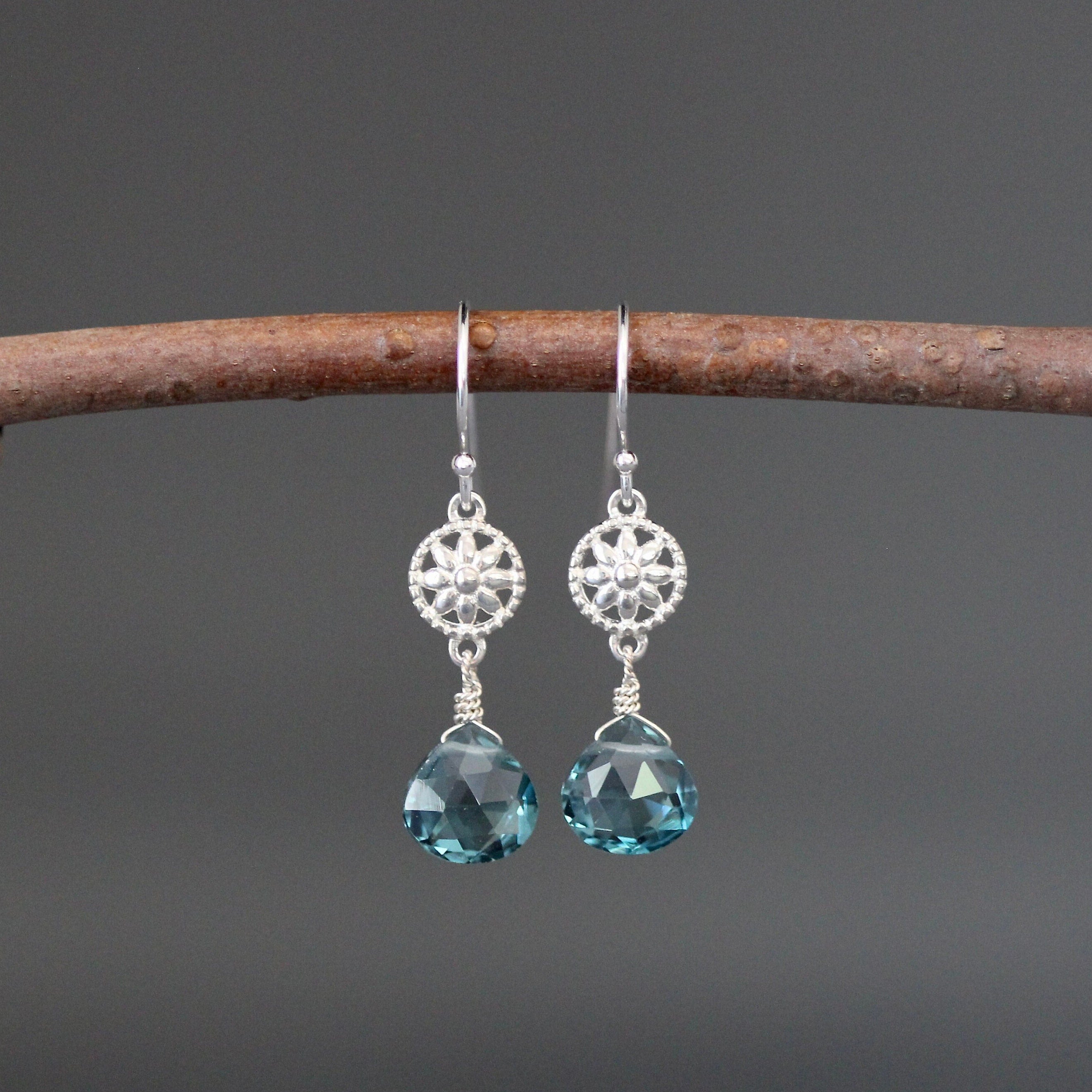 London Blue Quartz Teardrop Earrings on Bali Sterling Silver Flower Links