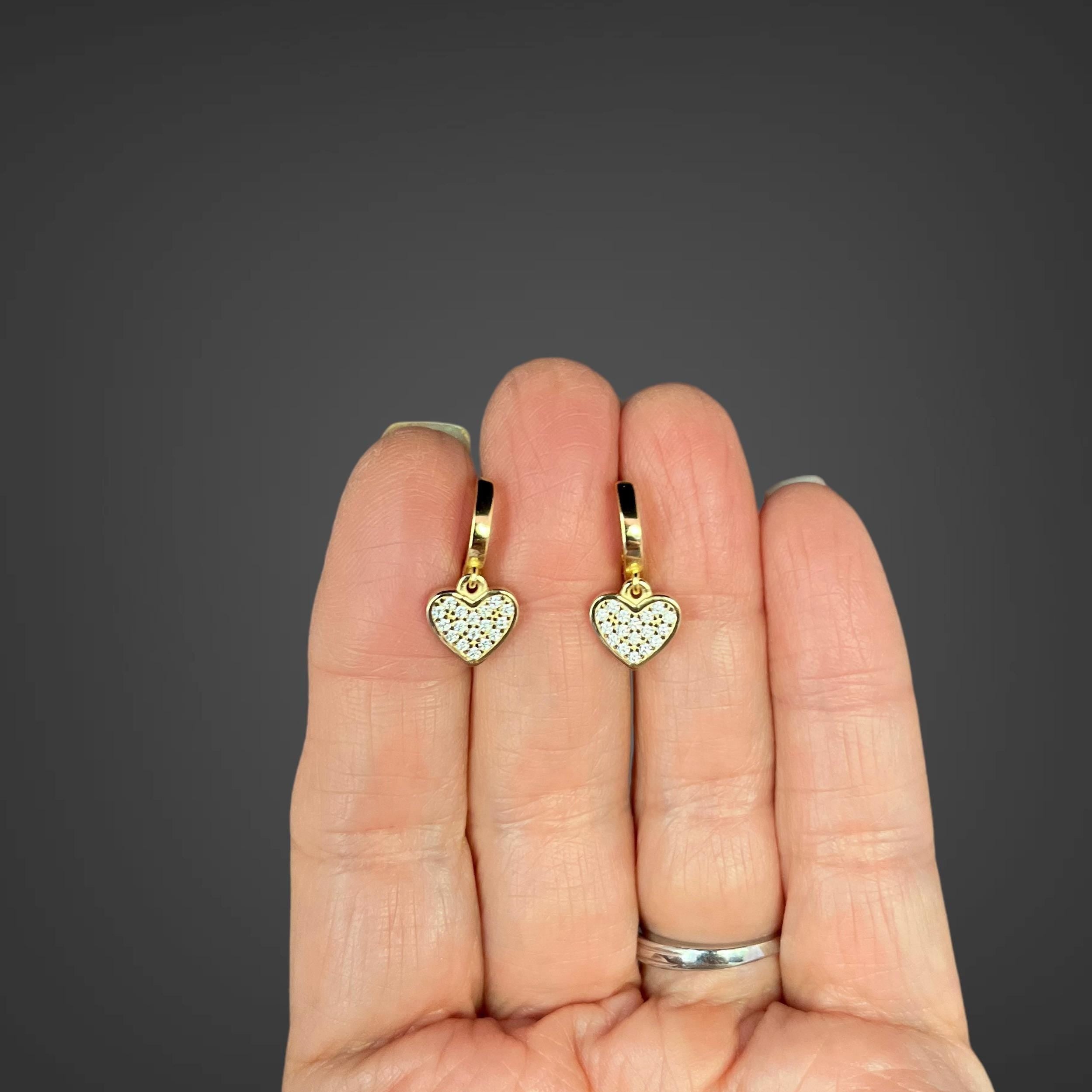 Cubic Zirconia Pave Heart Charm Earrings on Gold Vermeil Huggie Hoops