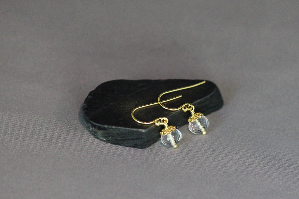 Clear Quartz Crystal Button Earrings with Gold Vermeil Caps