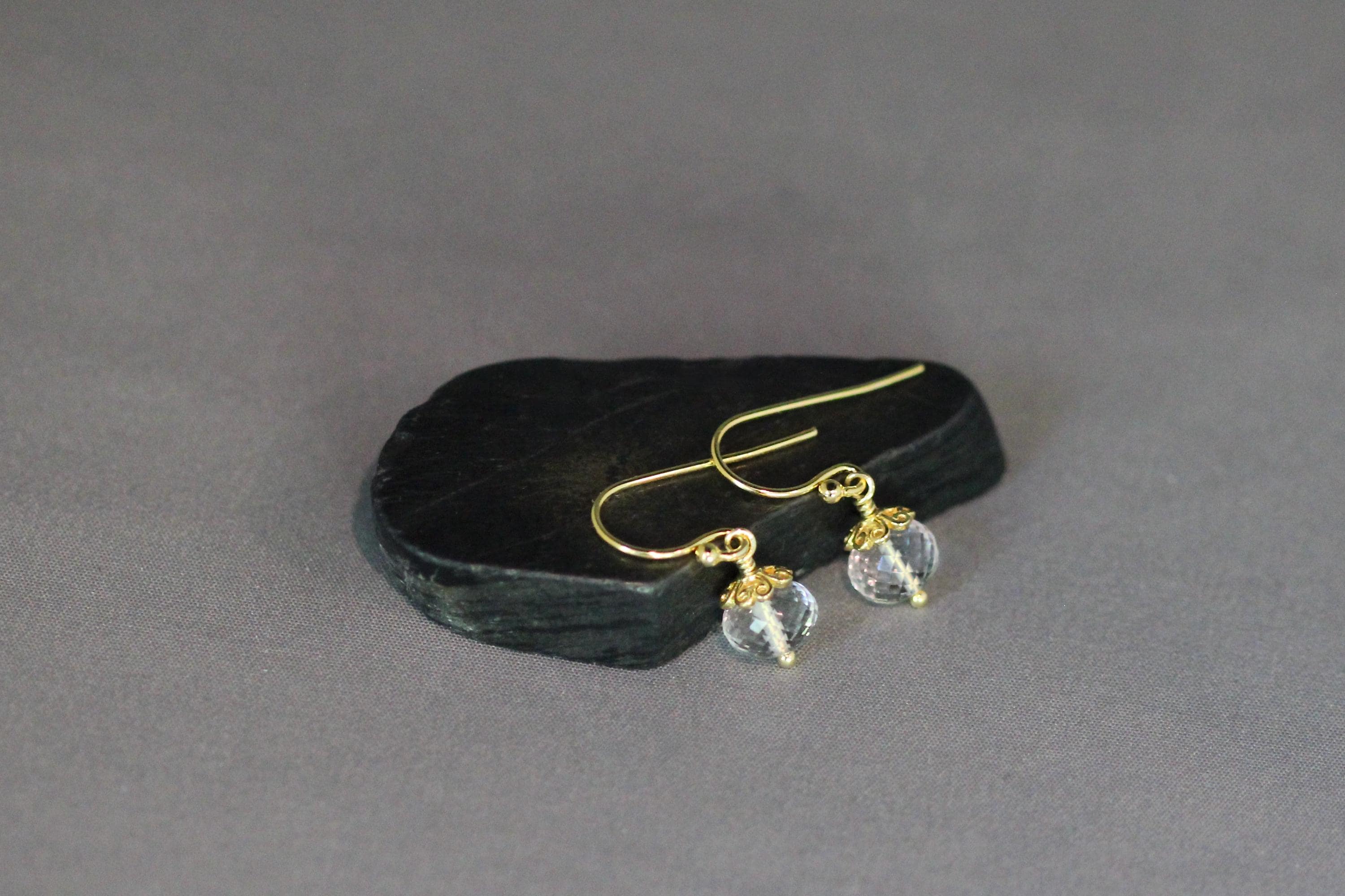 Clear Quartz Crystal Button Earrings with Gold Vermeil Caps
