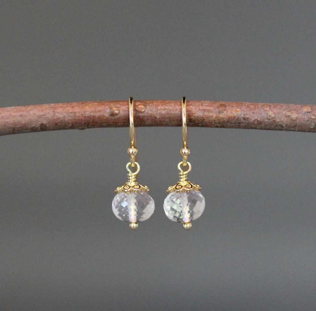 Clear Quartz Crystal Button Earrings with Gold Vermeil Caps