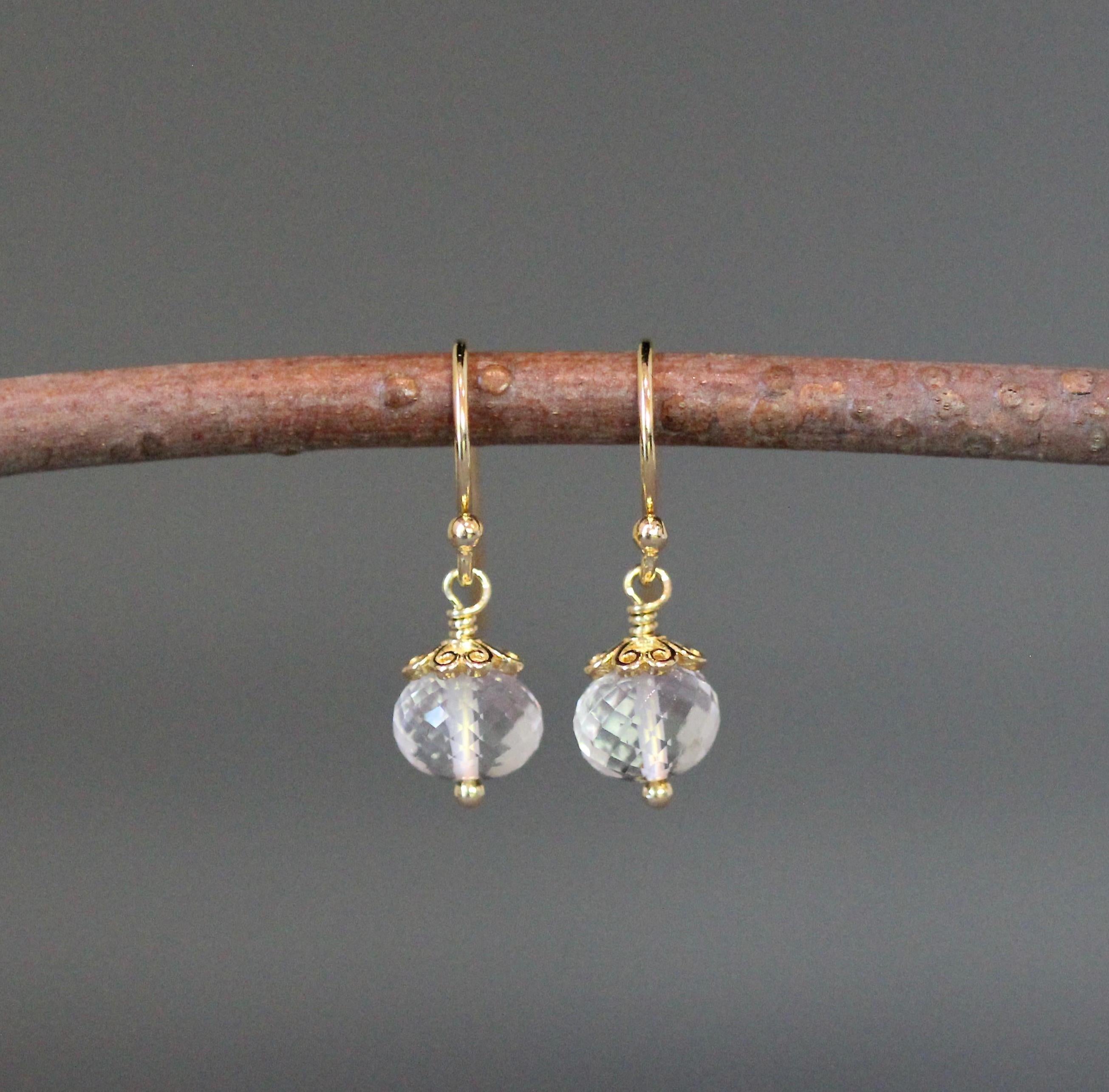 Clear Quartz Crystal Button Earrings with Gold Vermeil Caps
