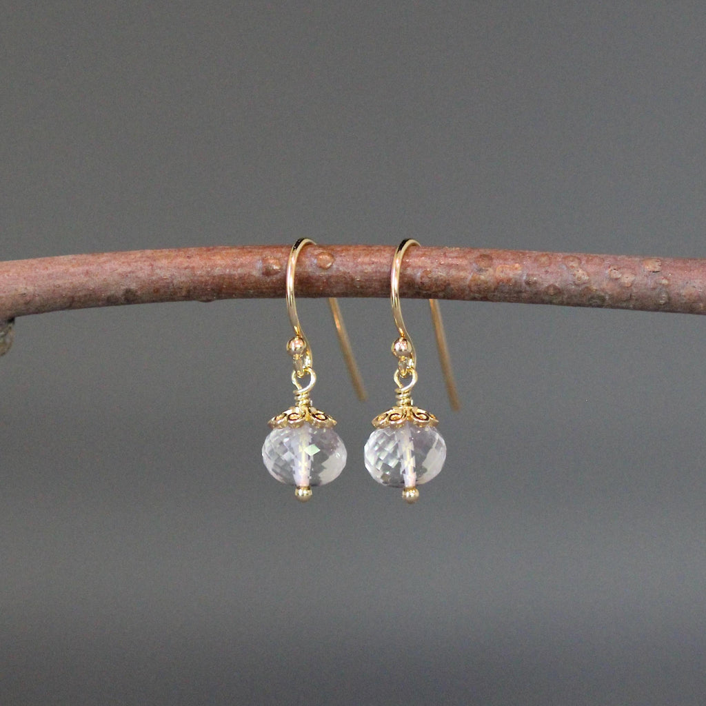 Clear Quartz Crystal Button Earrings with Gold Vermeil Caps