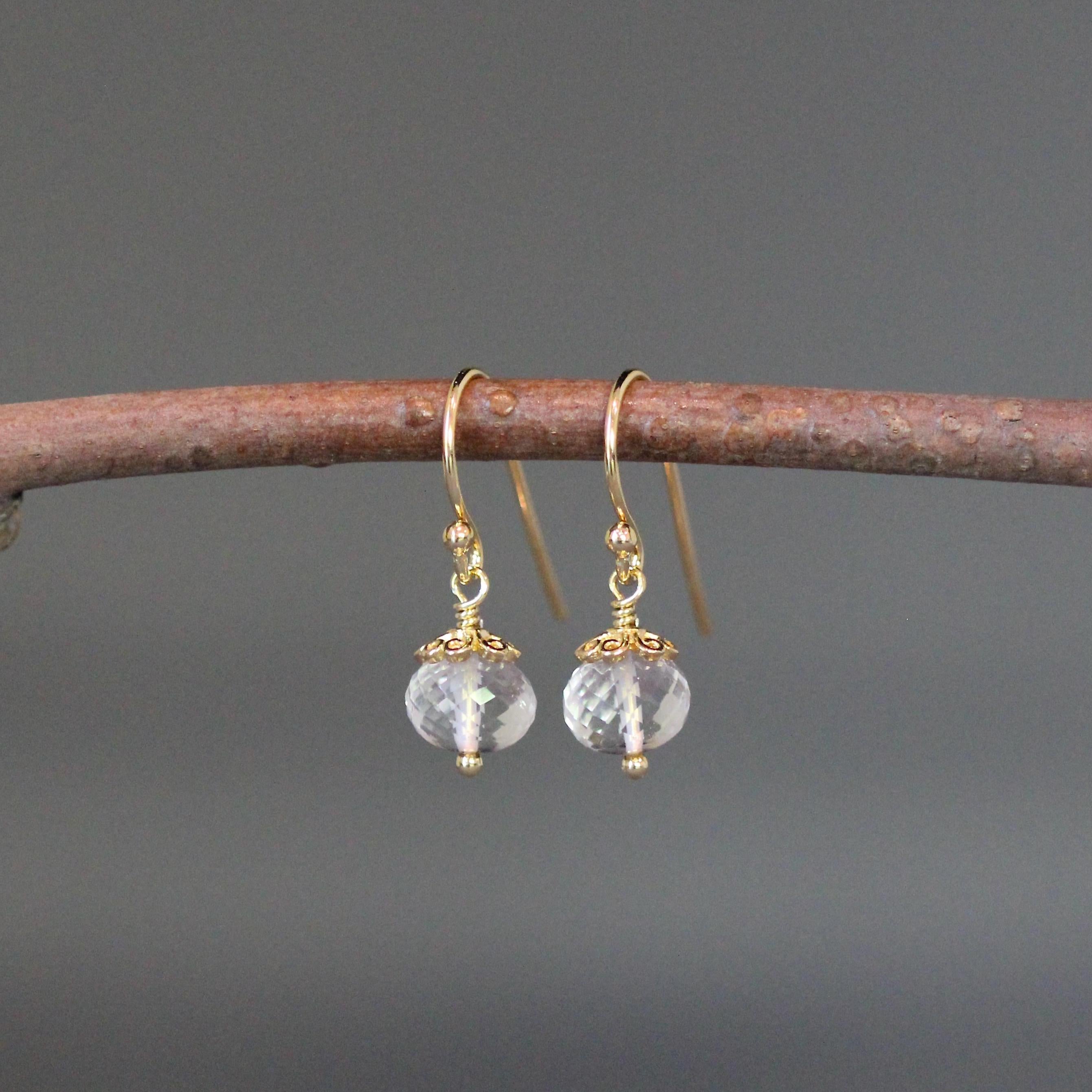 Clear Quartz Crystal Button Earrings with Gold Vermeil Caps