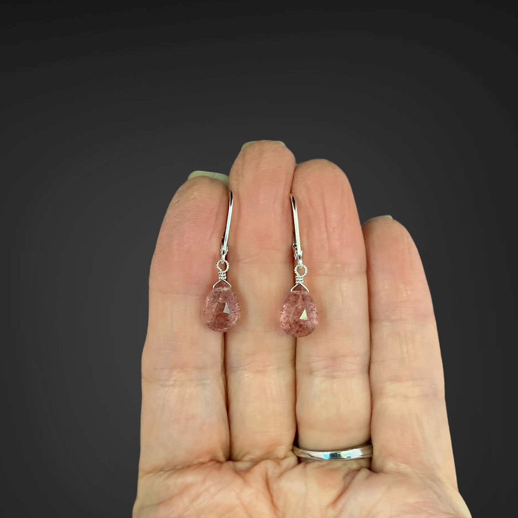 Strawberry Quartz Teardrop Dangle Earrings on Sterling Silver Leverbacks