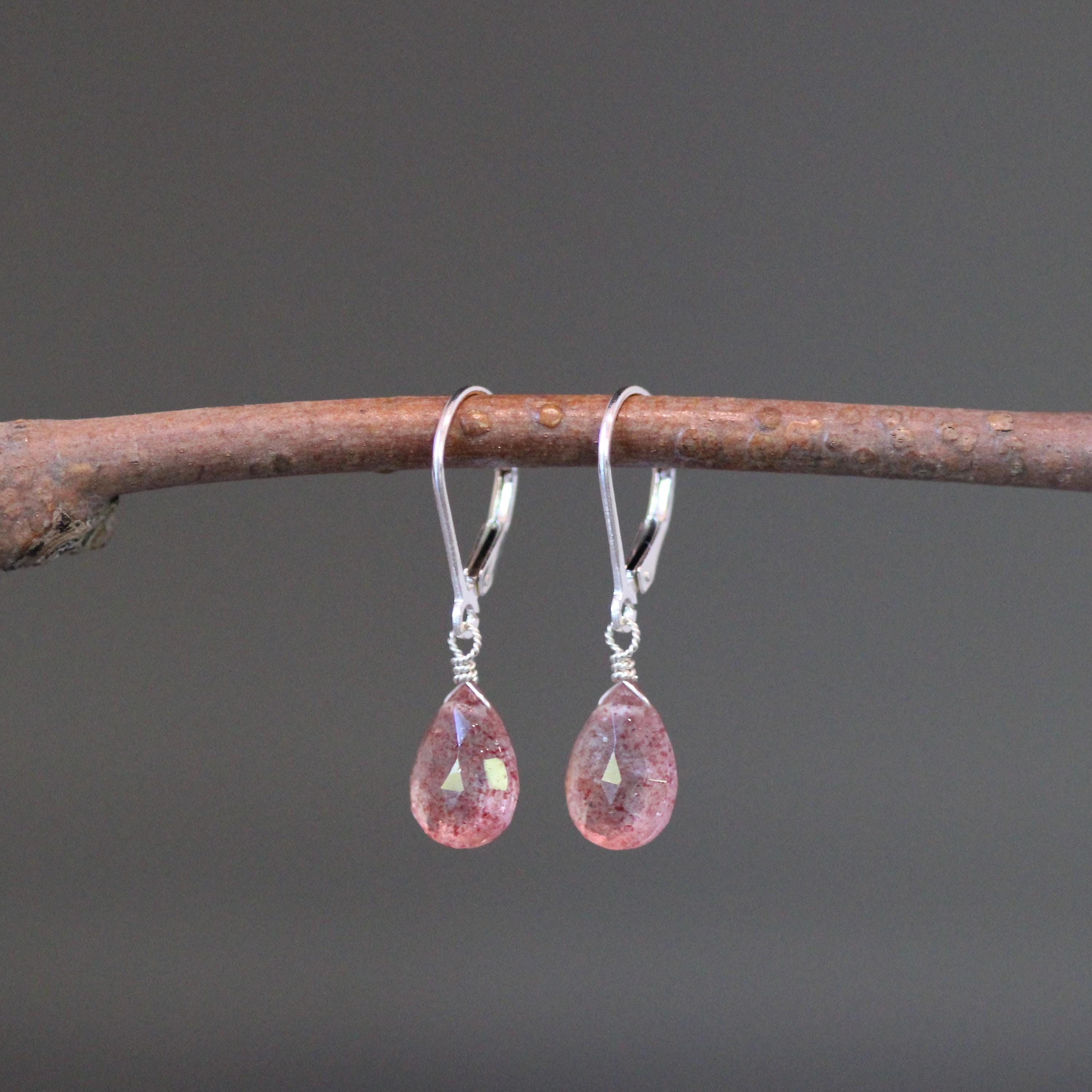 Strawberry Quartz Teardrop Dangle Earrings on Sterling Silver Leverbacks