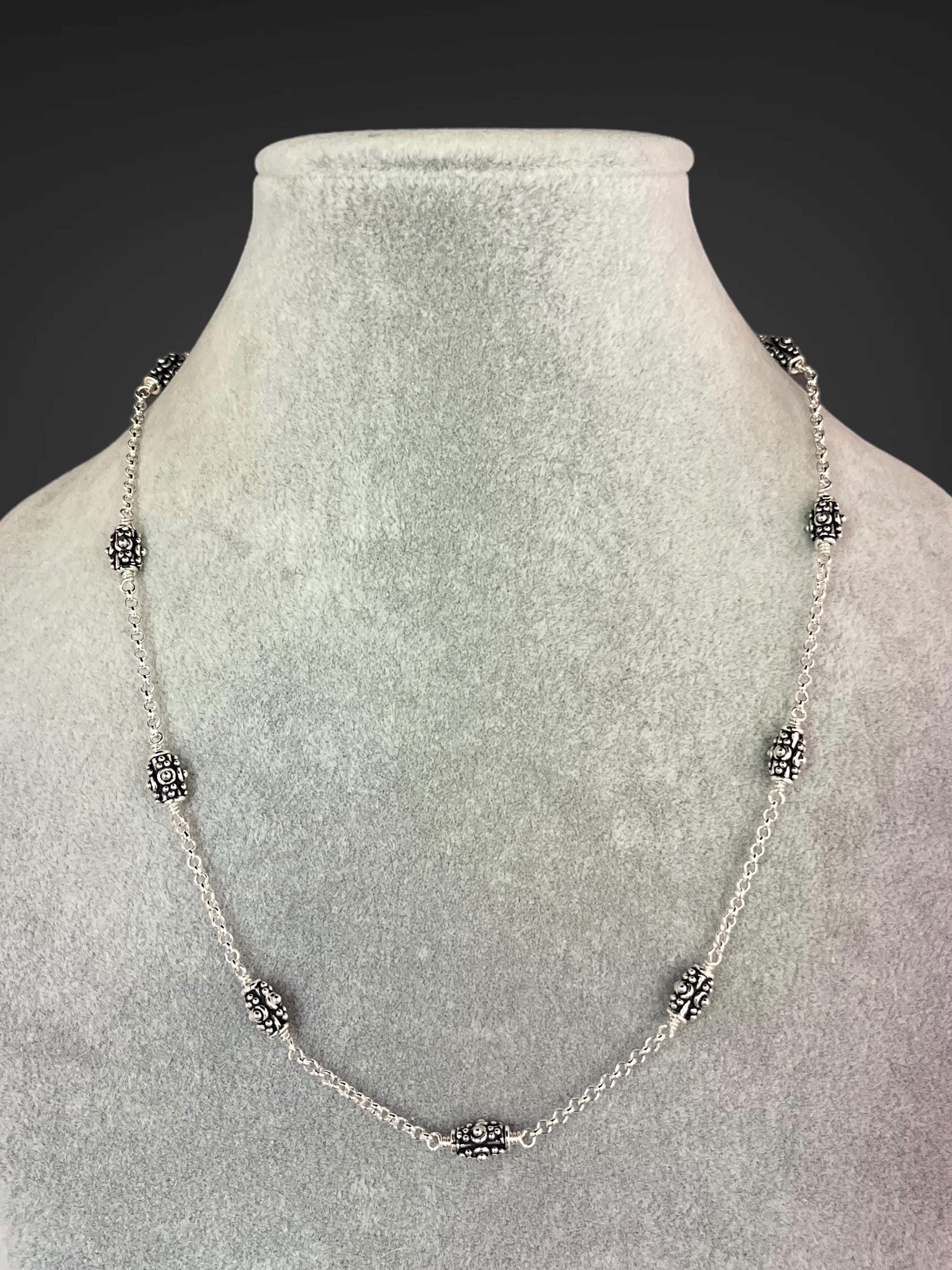 Bali Sterling Silver Bead Station Necklace on Round Link Chain