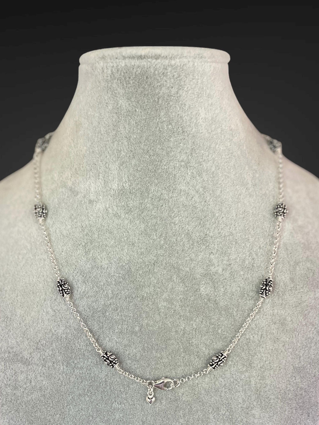 Bali Sterling Silver Bead Station Necklace on Round Link Chain