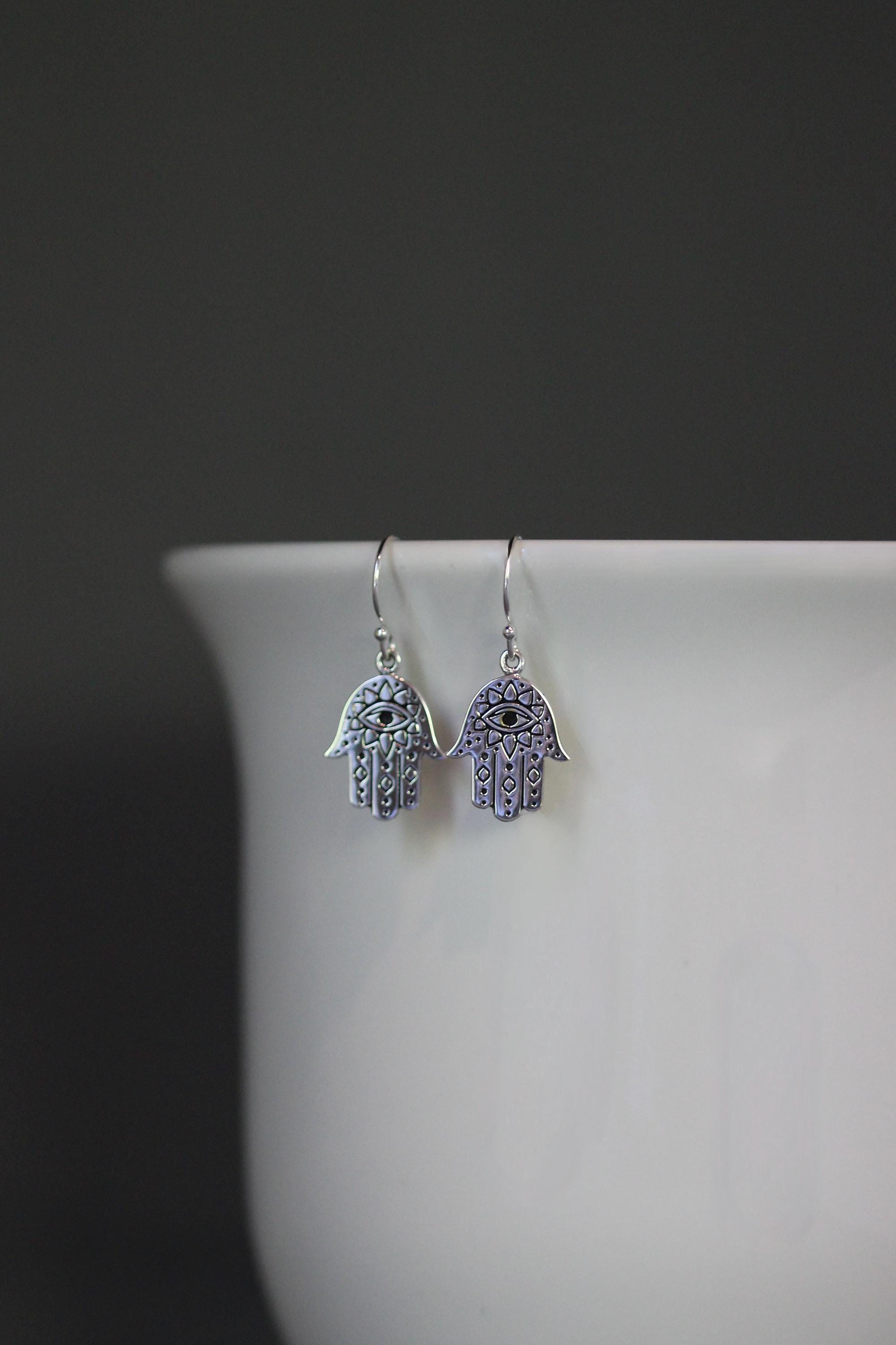 Sterling Silver Hamsa and Evil Eye Charm Dangle Earrings