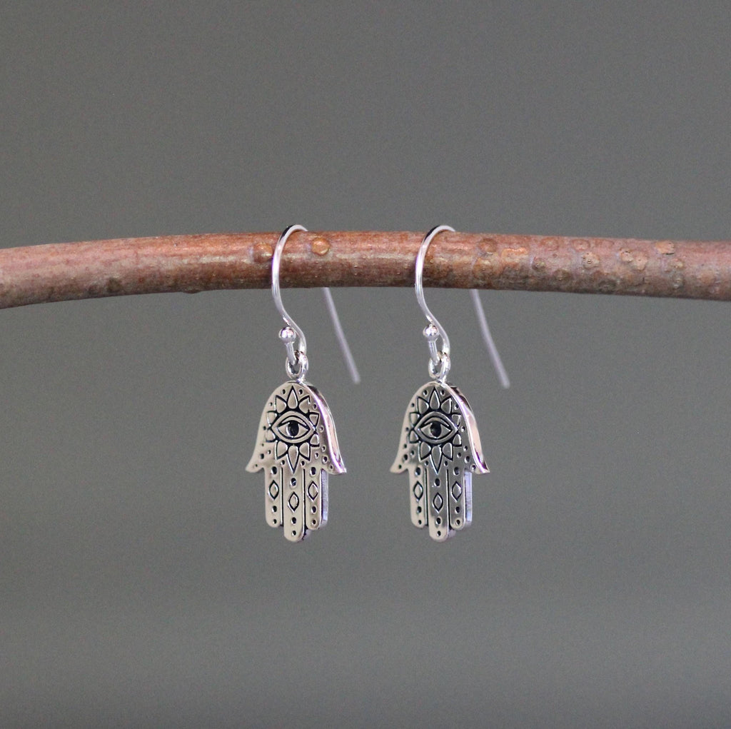 Sterling Silver Hamsa and Evil Eye Charm Dangle Earrings