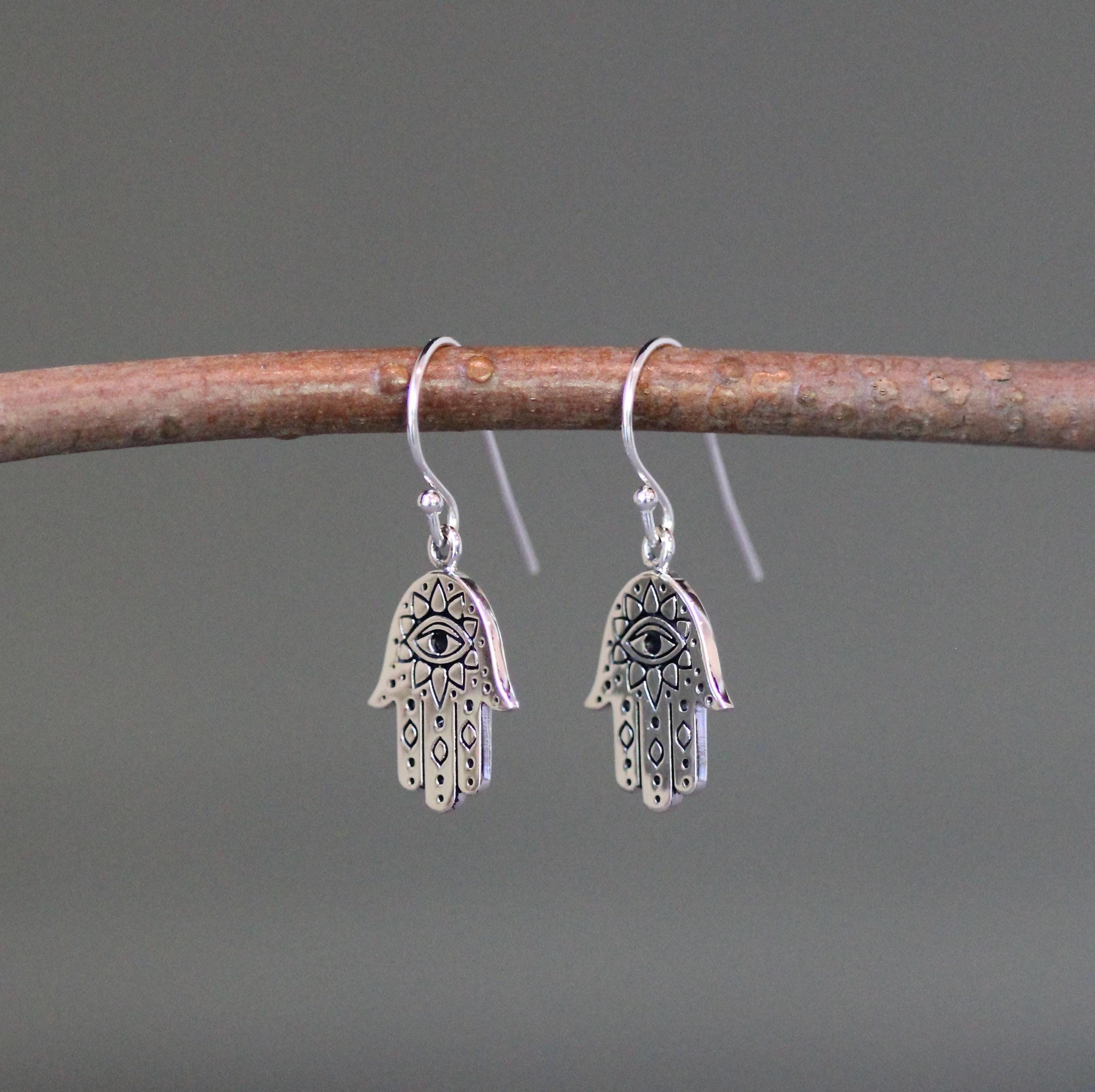 Sterling Silver Hamsa and Evil Eye Charm Dangle Earrings
