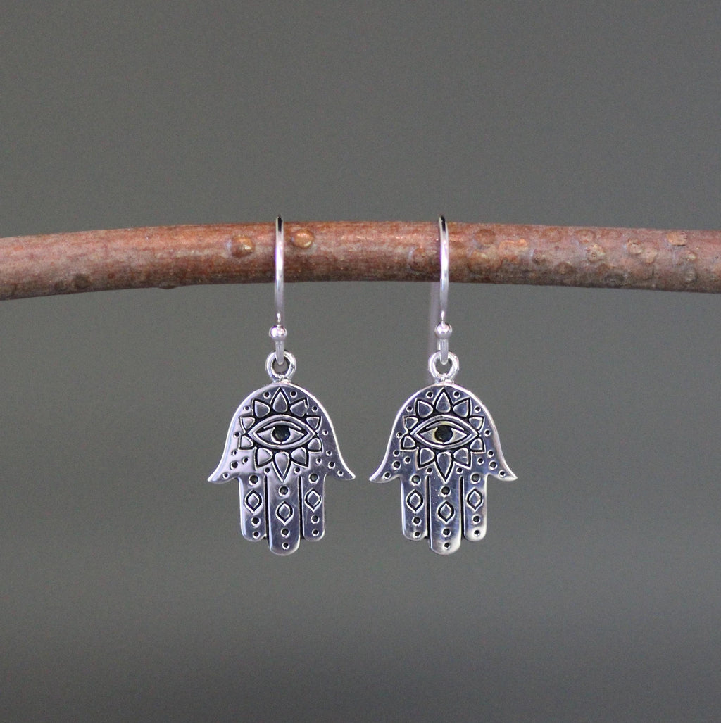 Sterling Silver Hamsa and Evil Eye Charm Dangle Earrings