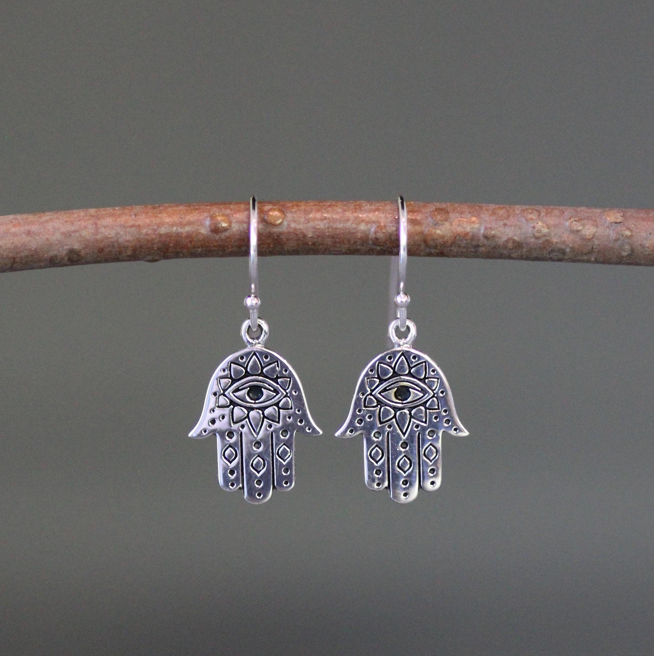 Sterling Silver Hamsa and Evil Eye Charm Dangle Earrings