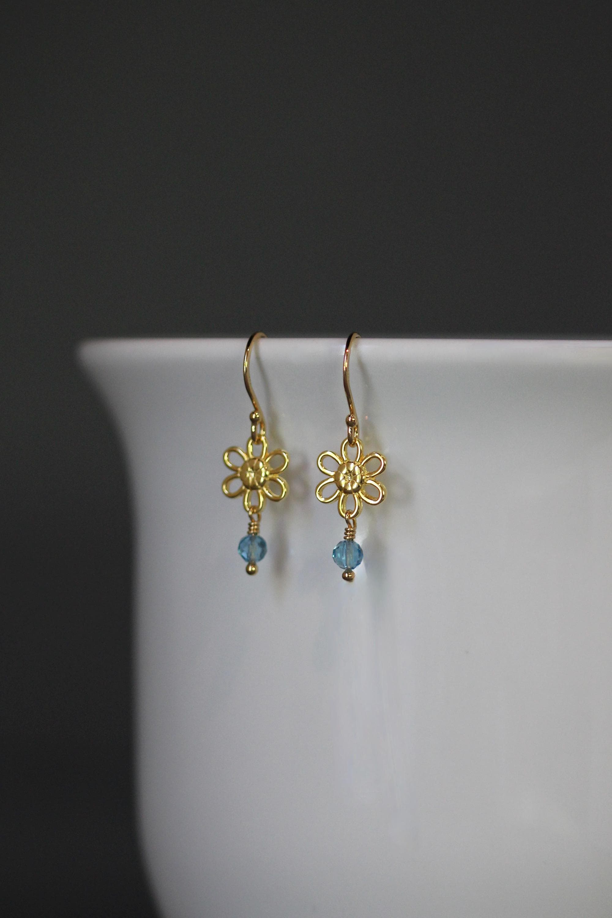 Blue Topaz Earrings on Gold Vermeil Flower Links