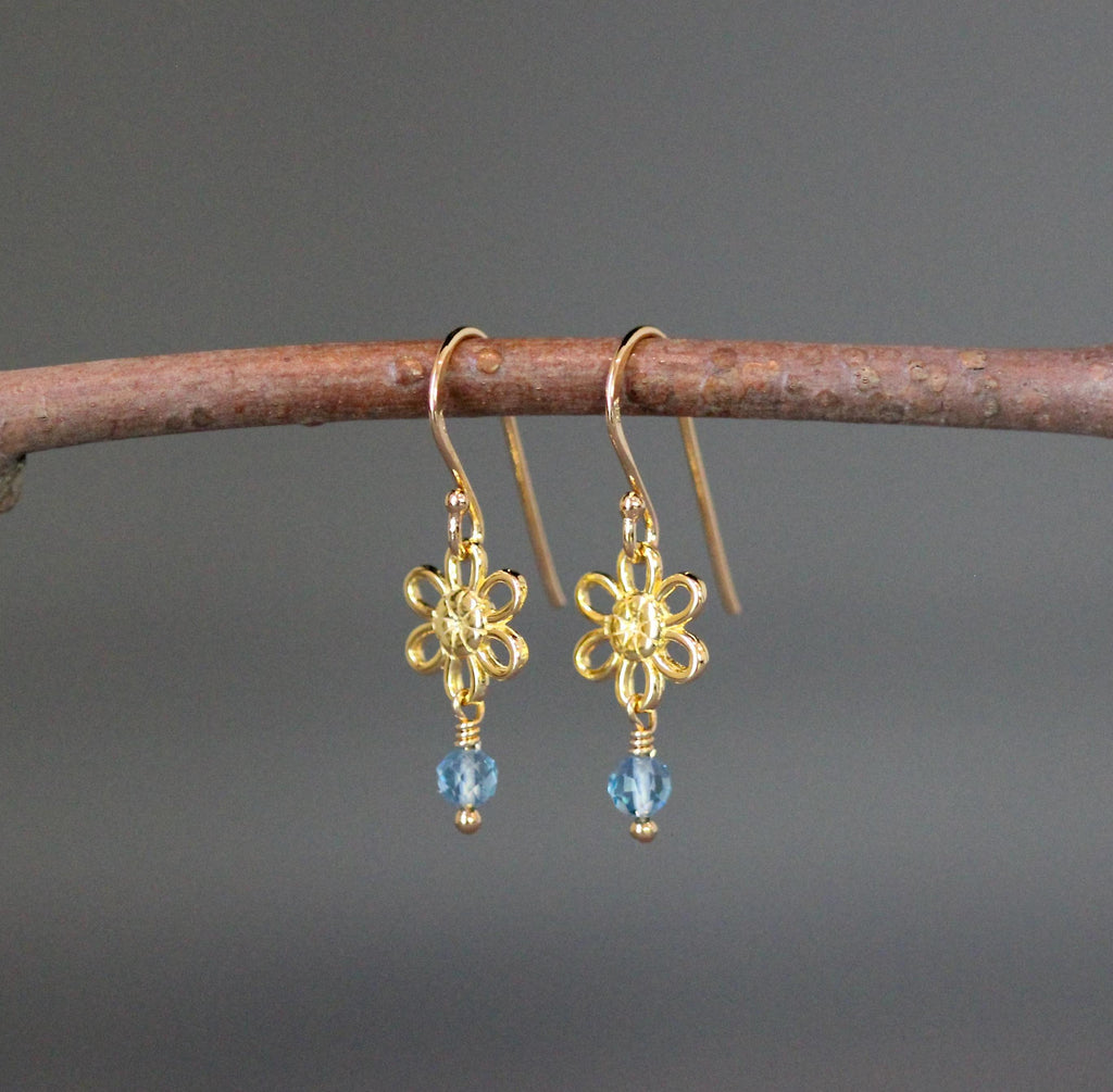 Blue Topaz Earrings on Gold Vermeil Flower Links