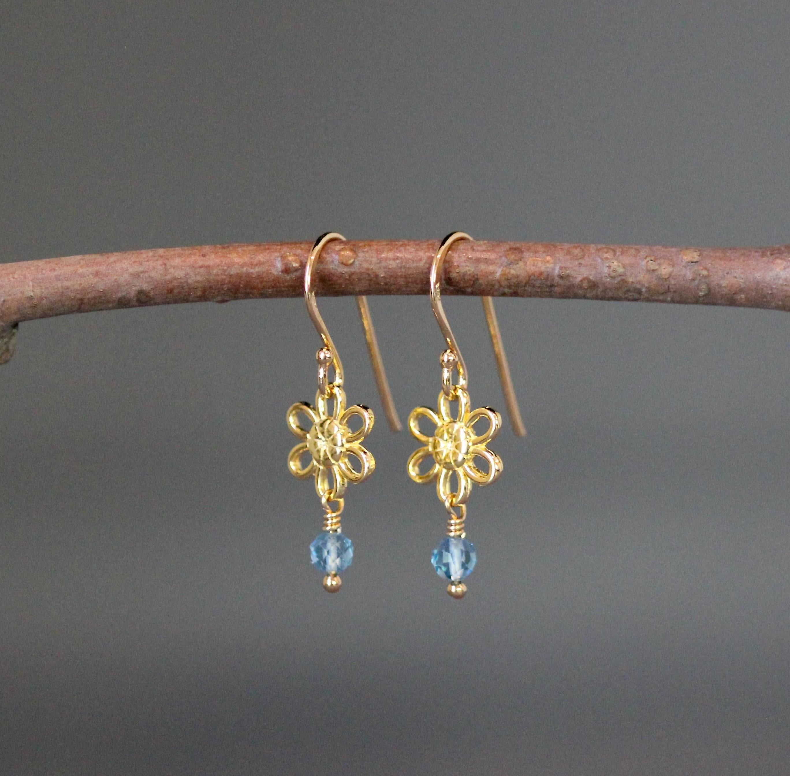 Blue Topaz Earrings on Gold Vermeil Flower Links