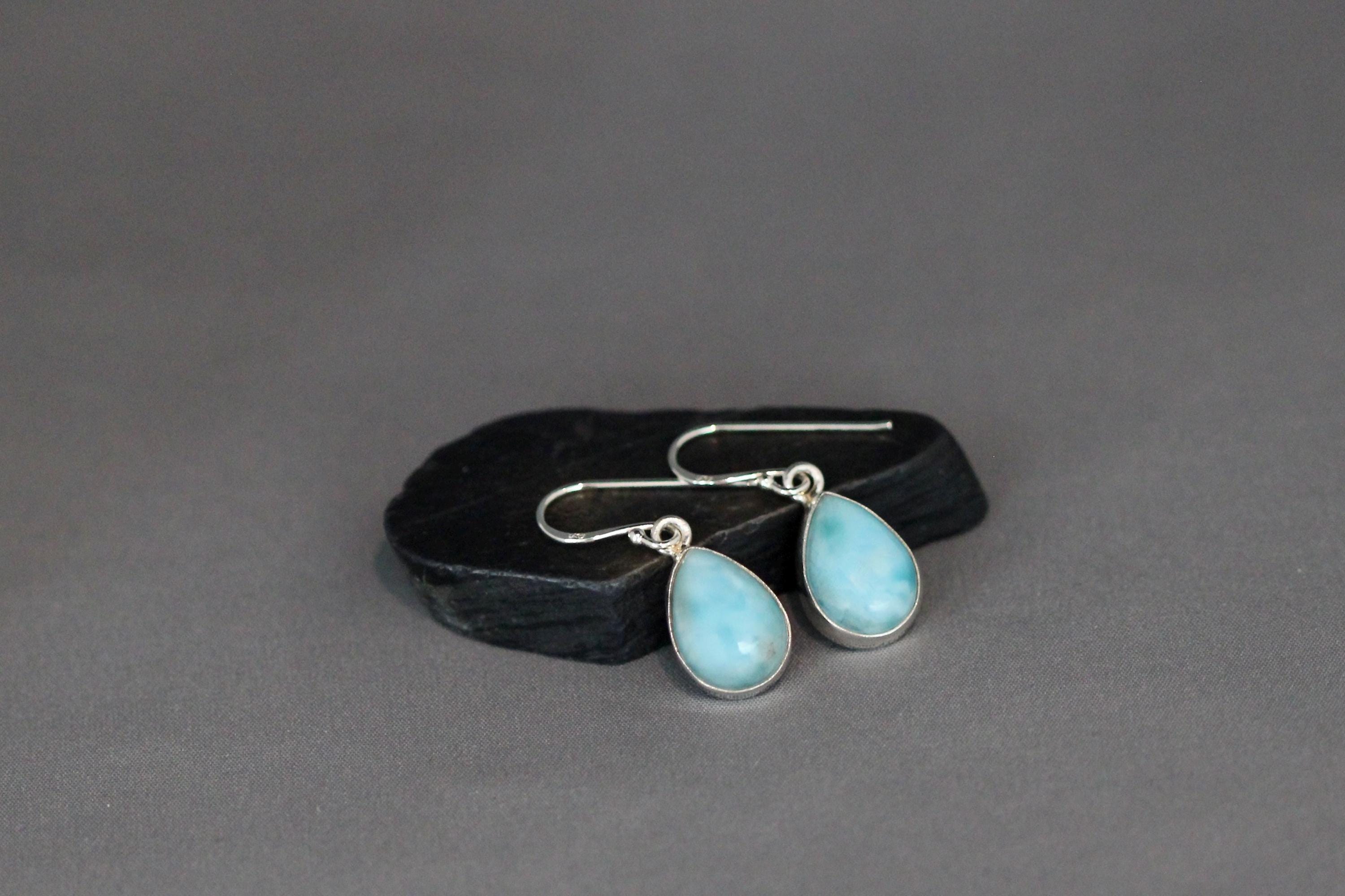 Larimar Teardrop Bezel Dangle Earrings in Sterling Silver