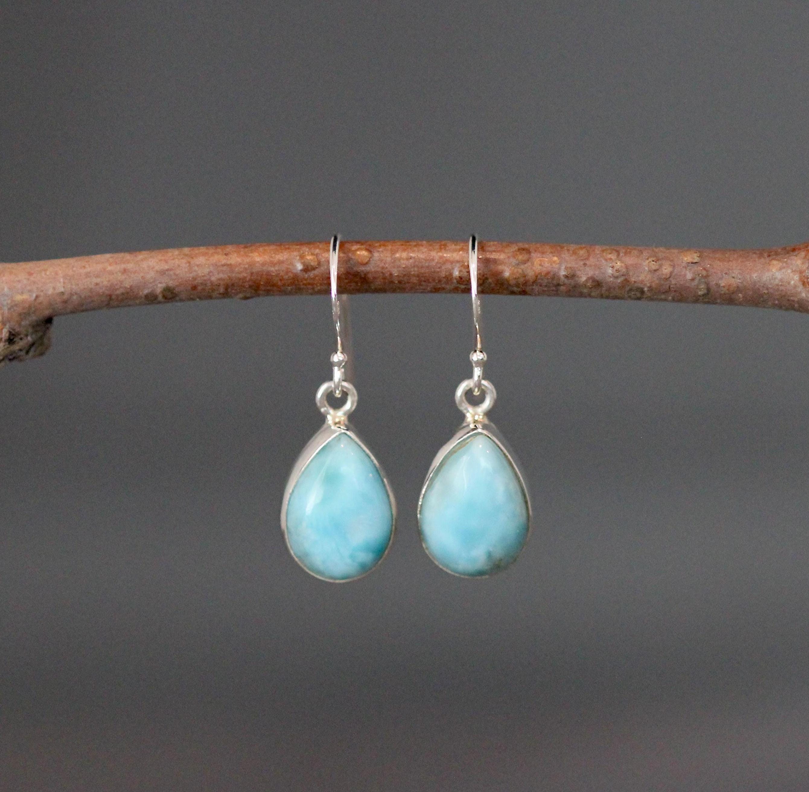 Larimar Teardrop Bezel Dangle Earrings in Sterling Silver