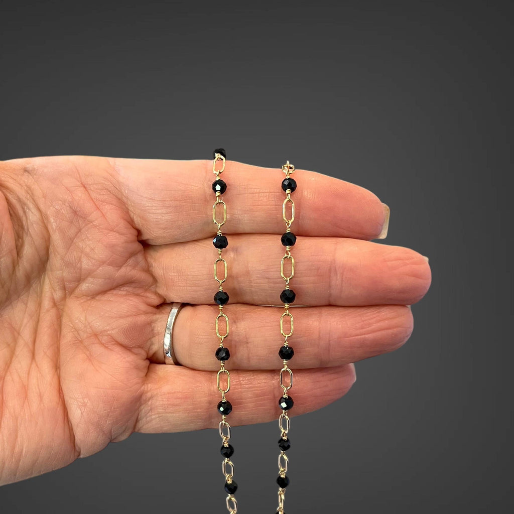 Black Spinel Station Necklace on Gold Filled Chain