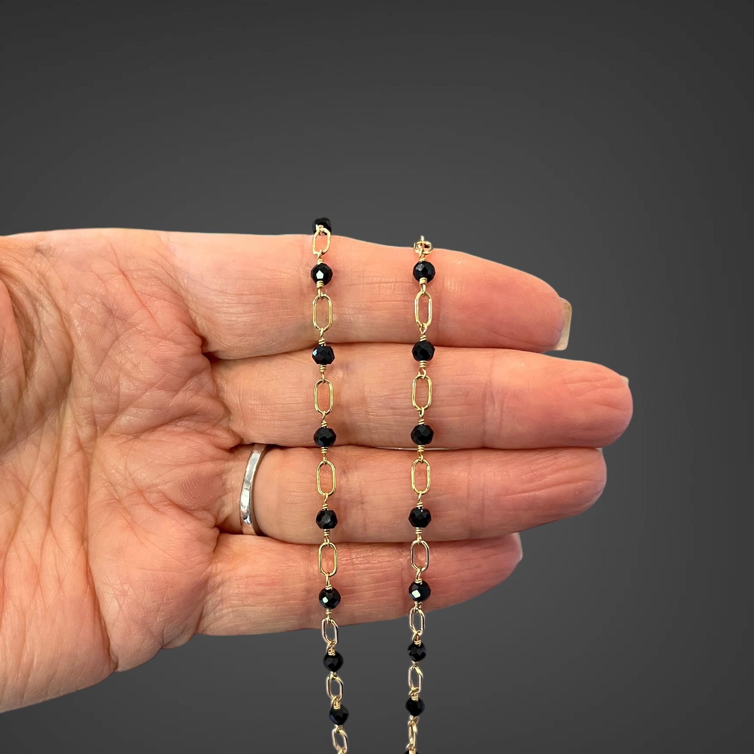 Black Spinel Station Necklace on Gold Filled Chain