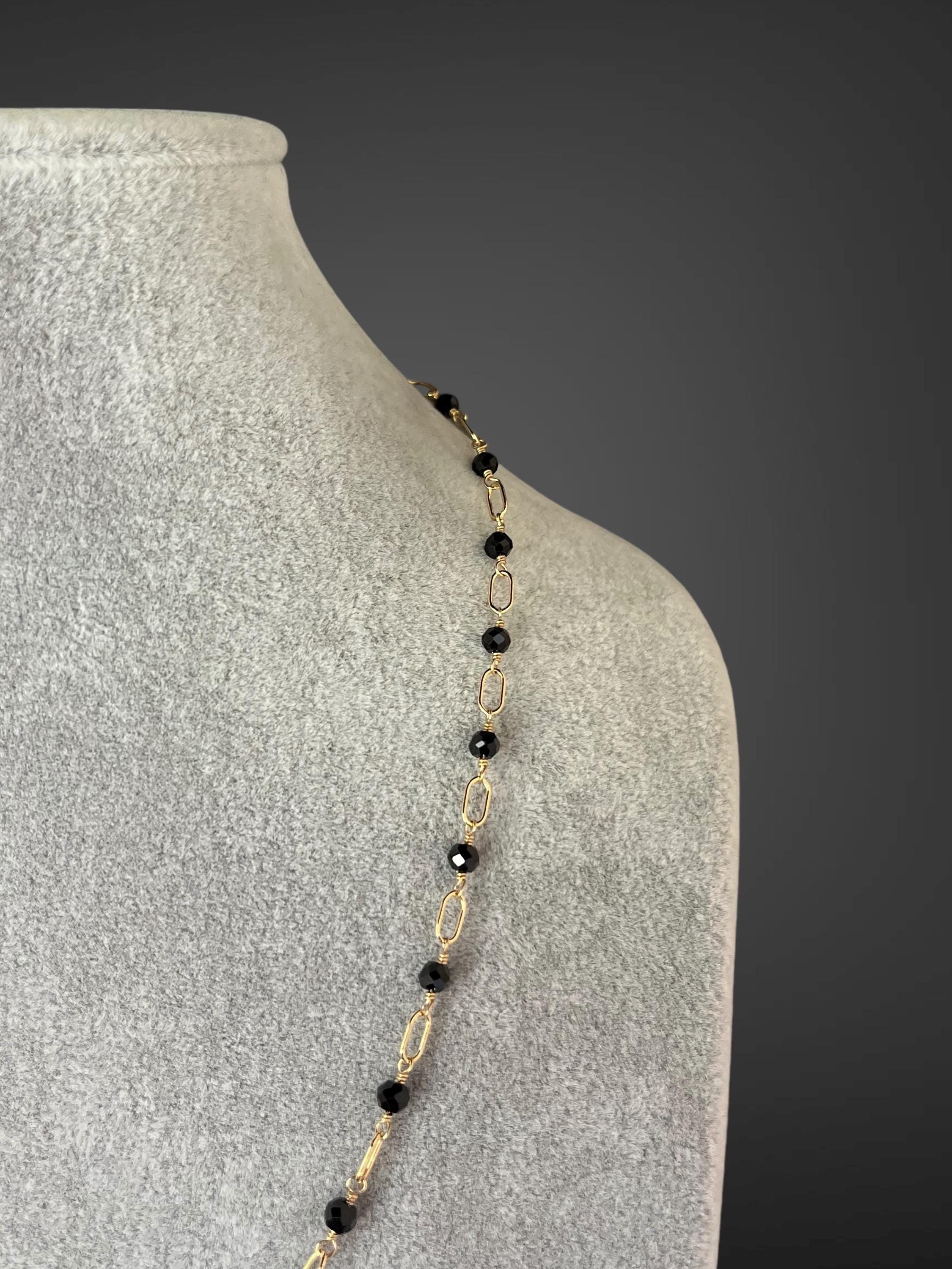 Black Spinel Station Necklace on Gold Filled Chain