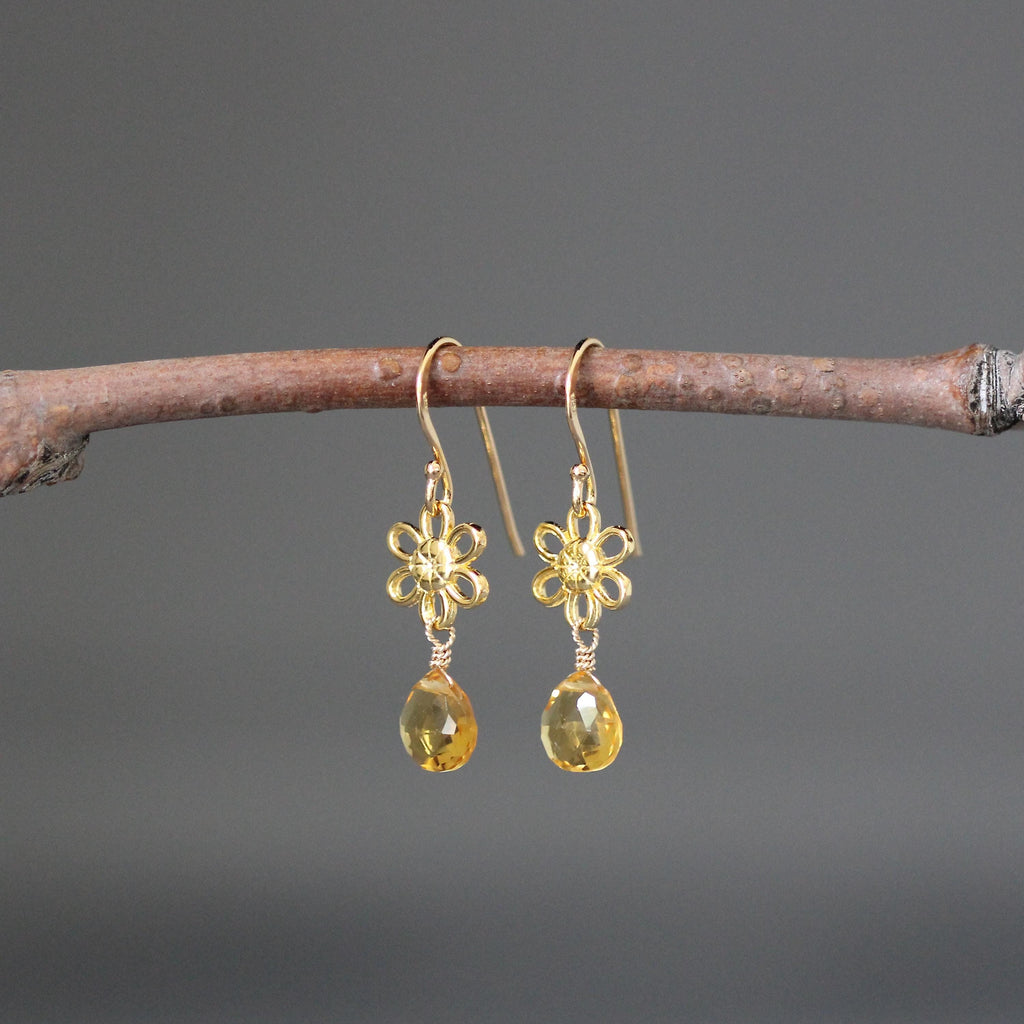 Citrine Quartz Teardrop Earrings on Gold Vermeil Flower Links