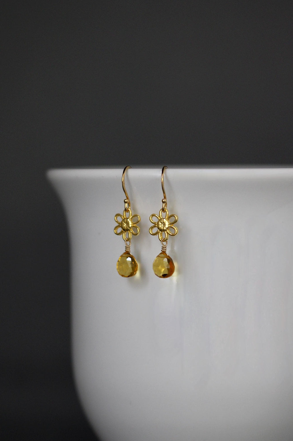Citrine Quartz Teardrop Earrings on Gold Vermeil Flower Links