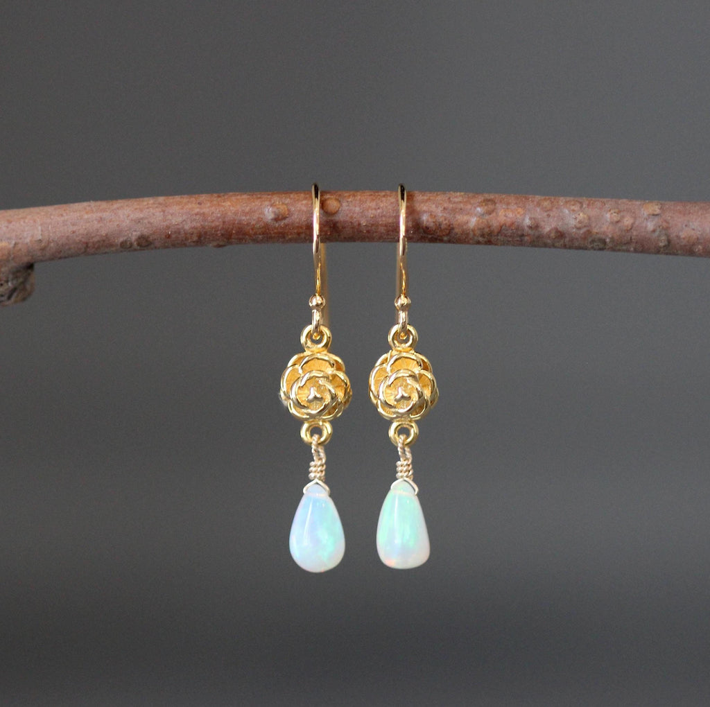 Ethiopian Opal Teardrop Dangle Earrings on Gold Vermeil Flower Links