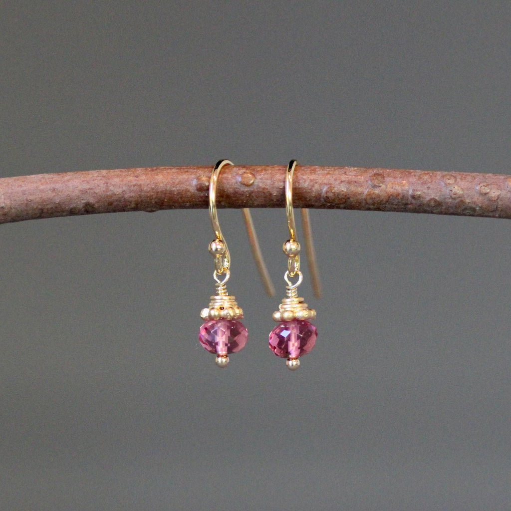 Hot Pink Quartz Button Earrings with Gold Vermeil Caps
