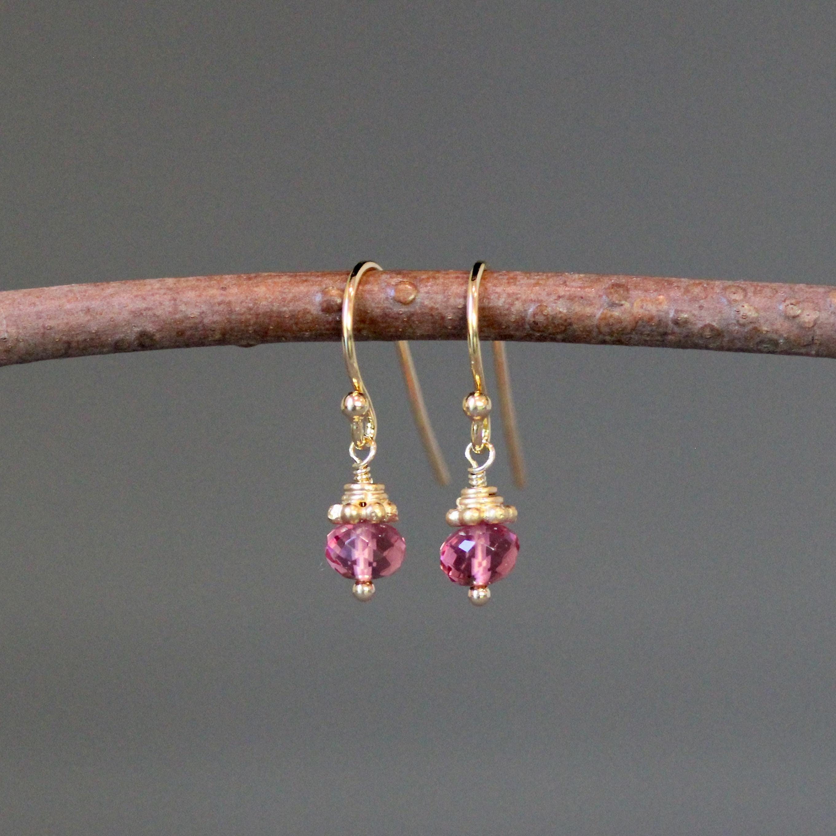 Hot Pink Quartz Button Earrings with Gold Vermeil Caps