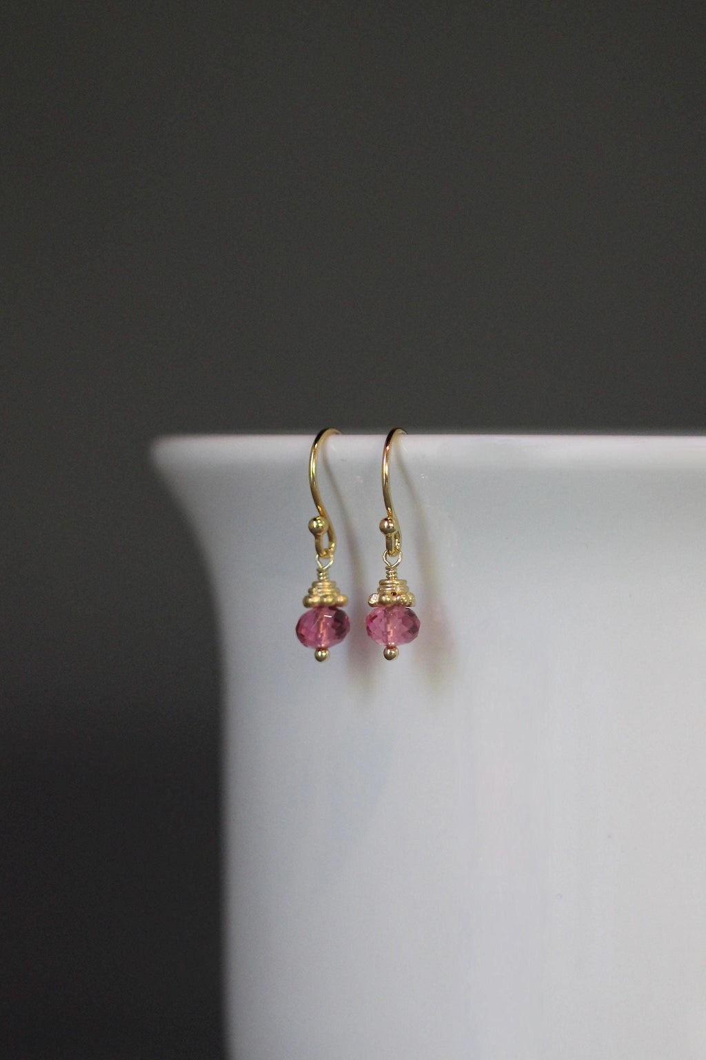 Hot Pink Quartz Button Earrings with Gold Vermeil Caps