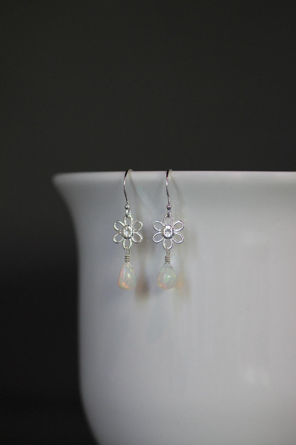 Ethiopian Opal Teardrop Earrings on Silver Flower Links