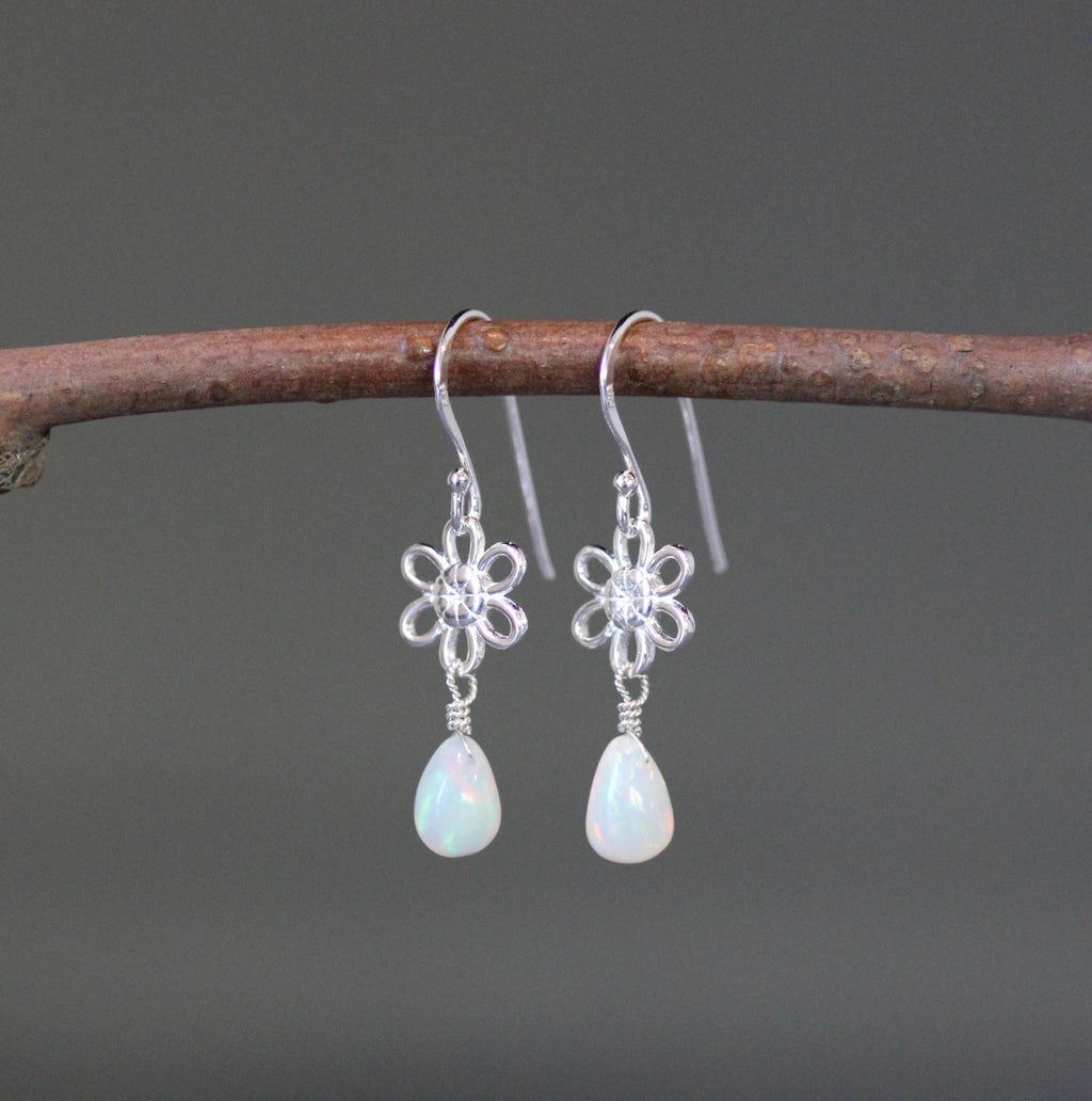 Ethiopian Opal Teardrop Earrings on Silver Flower Links