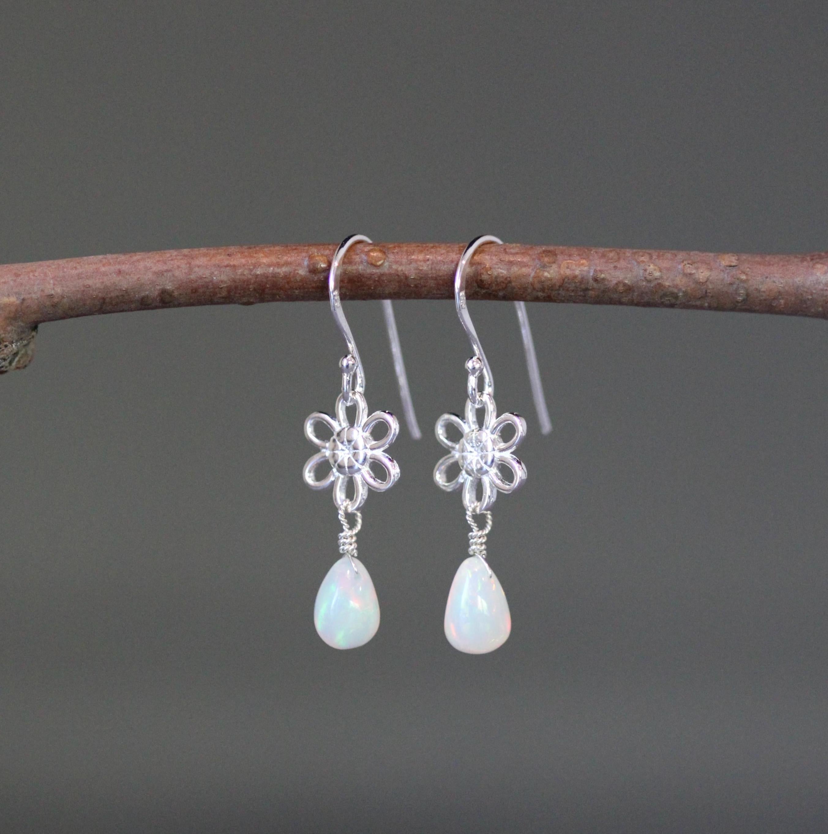 Ethiopian Opal Teardrop Earrings on Silver Flower Links