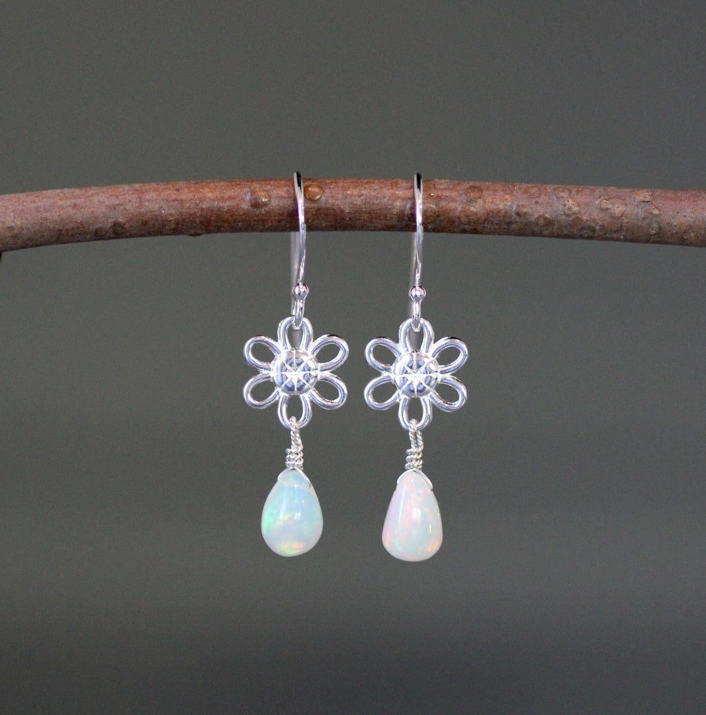 Ethiopian Opal Teardrop Earrings on Silver Flower Links