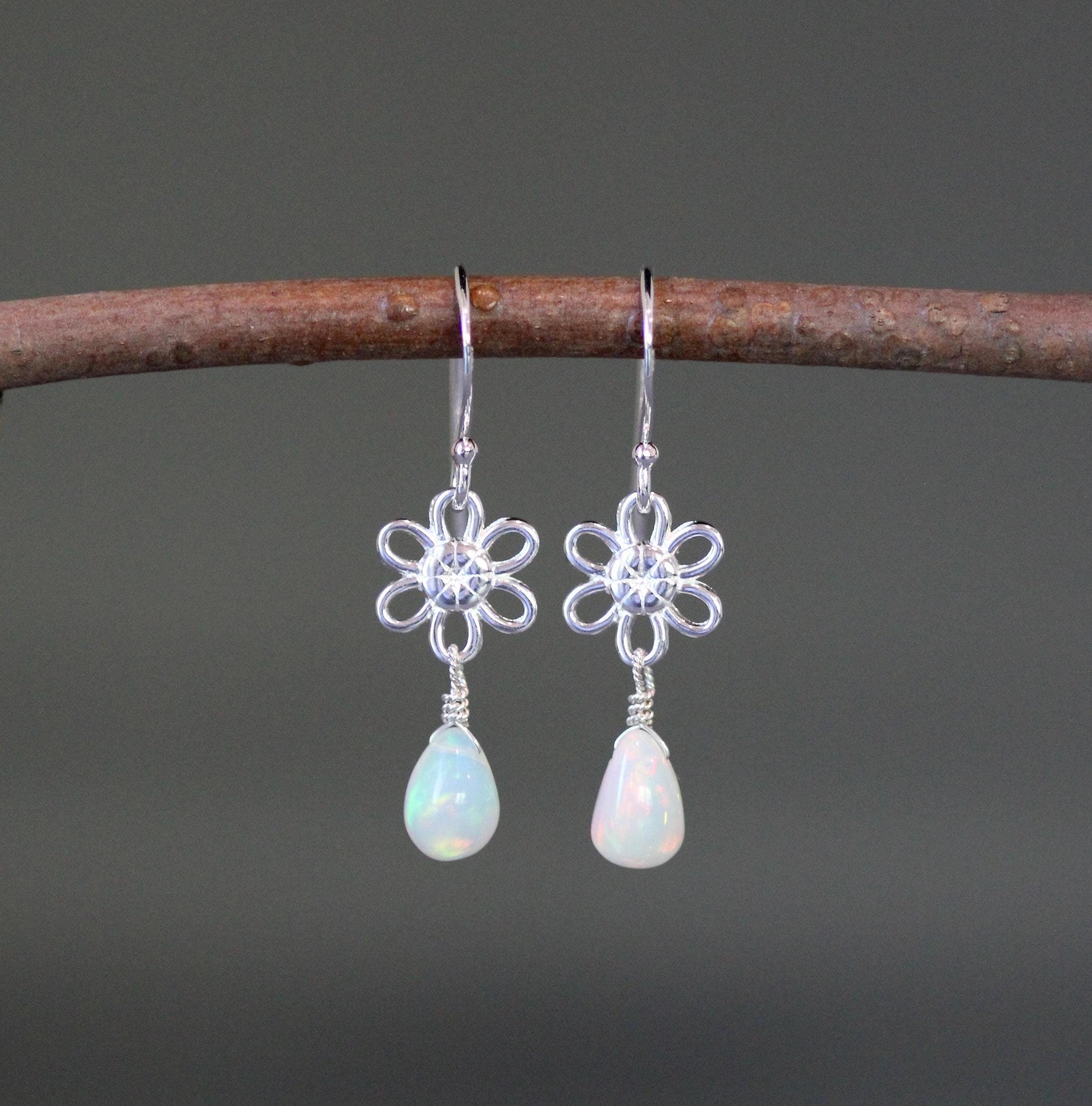 Ethiopian Opal Teardrop Earrings on Silver Flower Links