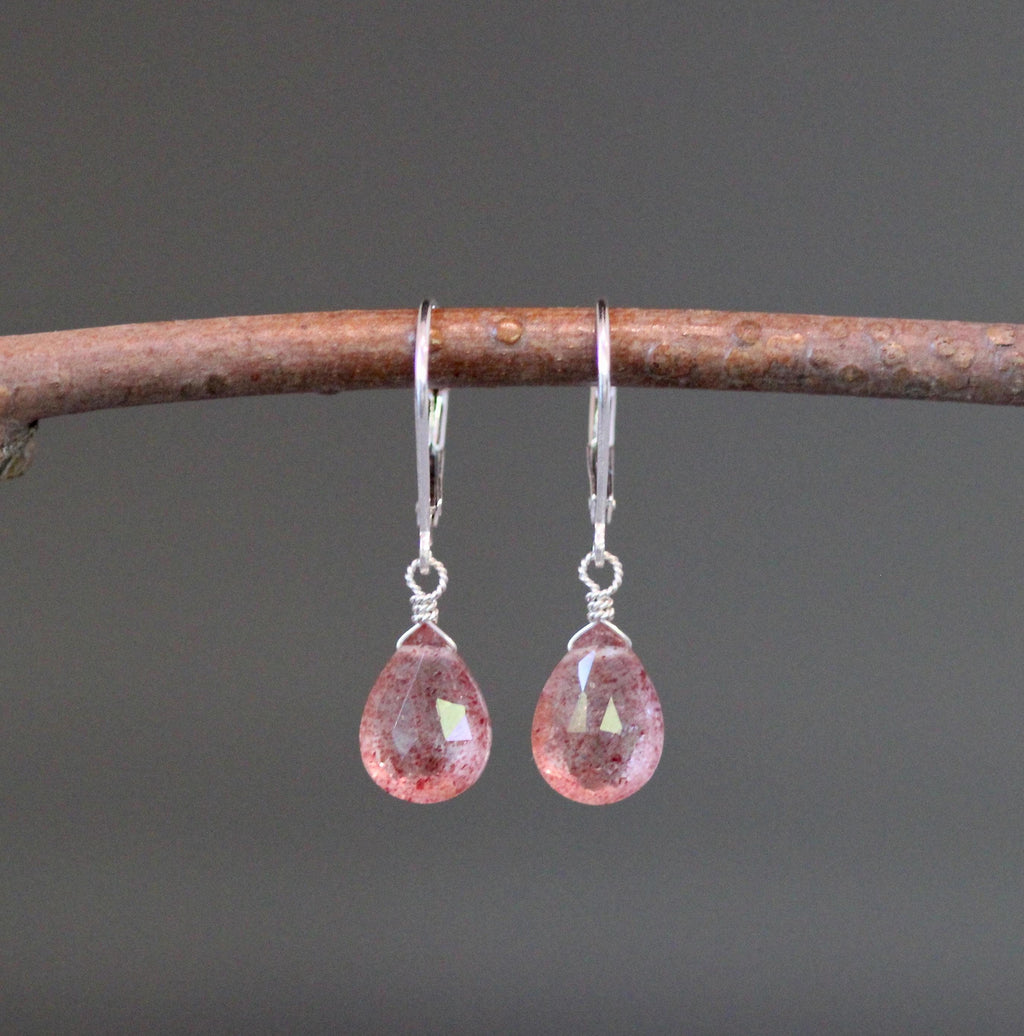 Strawberry Quartz Teardrop Dangle Earrings on Sterling Silver Leverbacks
