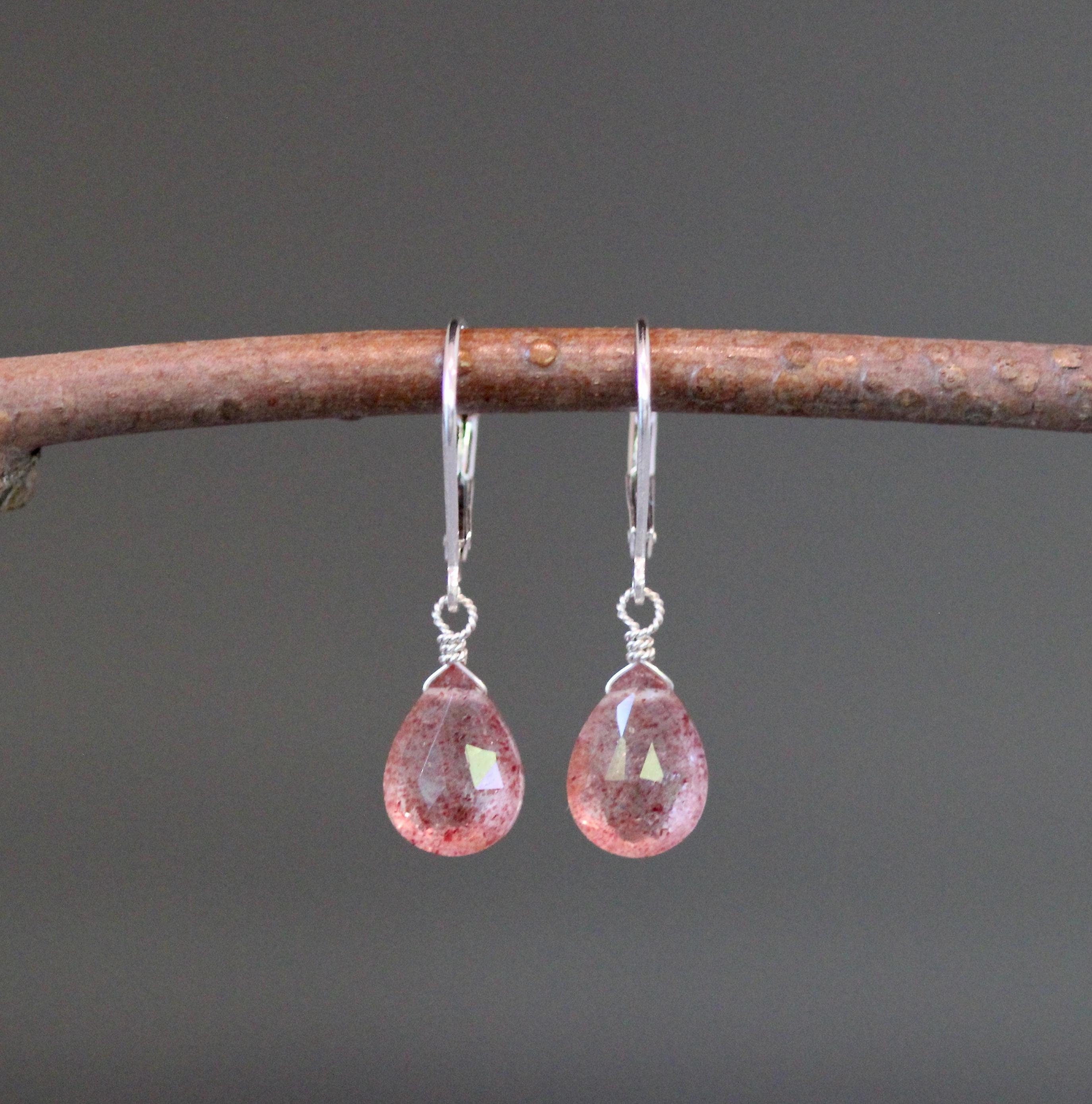 Strawberry Quartz Teardrop Dangle Earrings on Sterling Silver Leverbacks