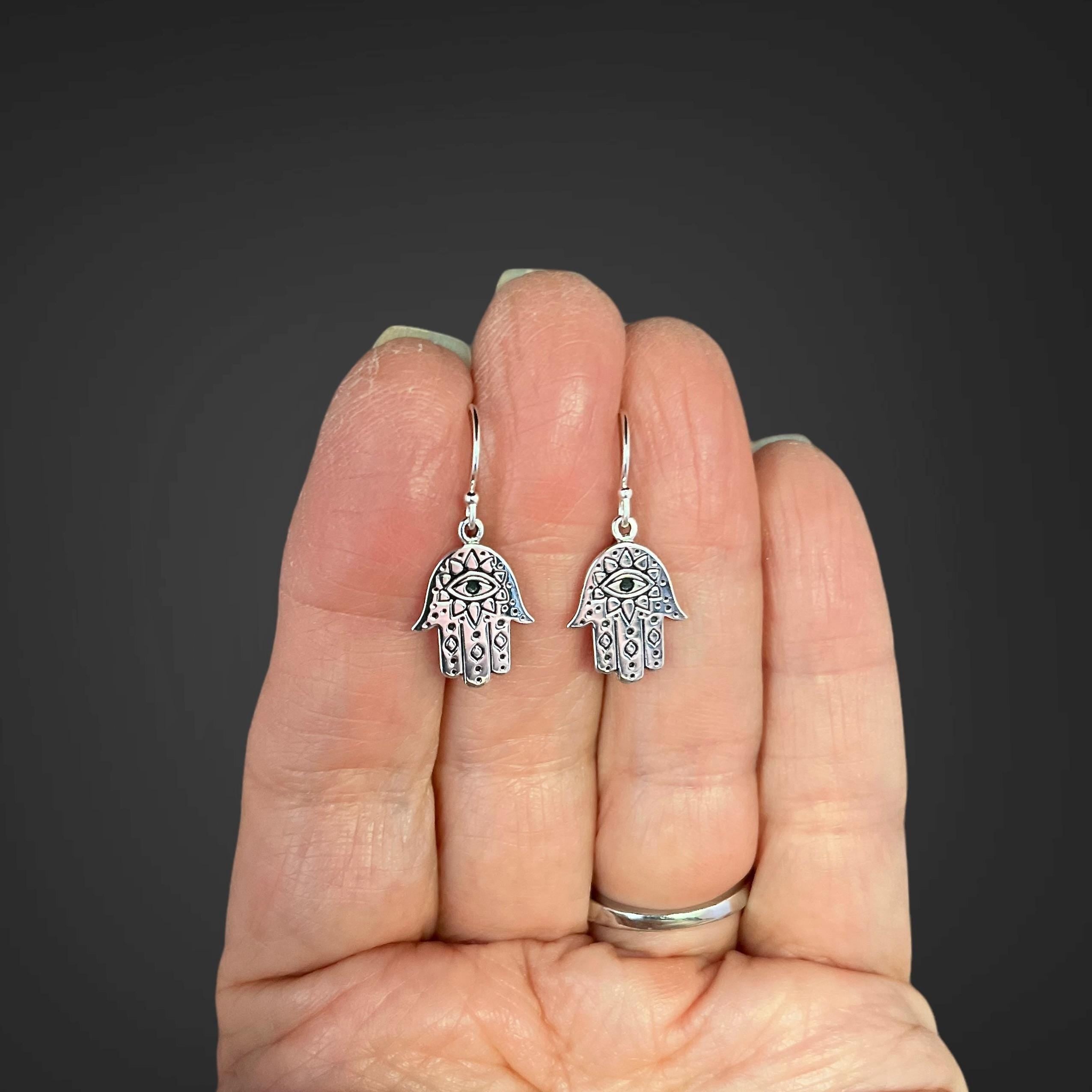 Sterling Silver Hamsa and Evil Eye Charm Dangle Earrings