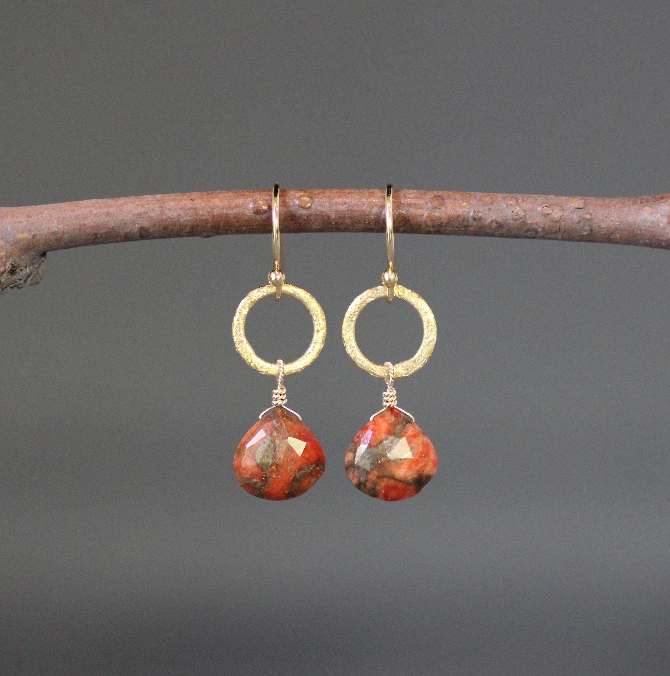 Orange Copper Turquoise and Gold Vermeil Circle Link Dangle Earrings