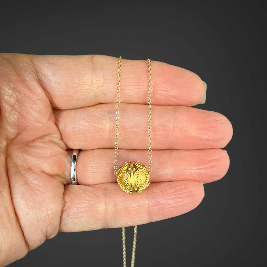 Matte Gold Vermeil Filigree Bead Pendant Necklace on a Gold Filled Chain