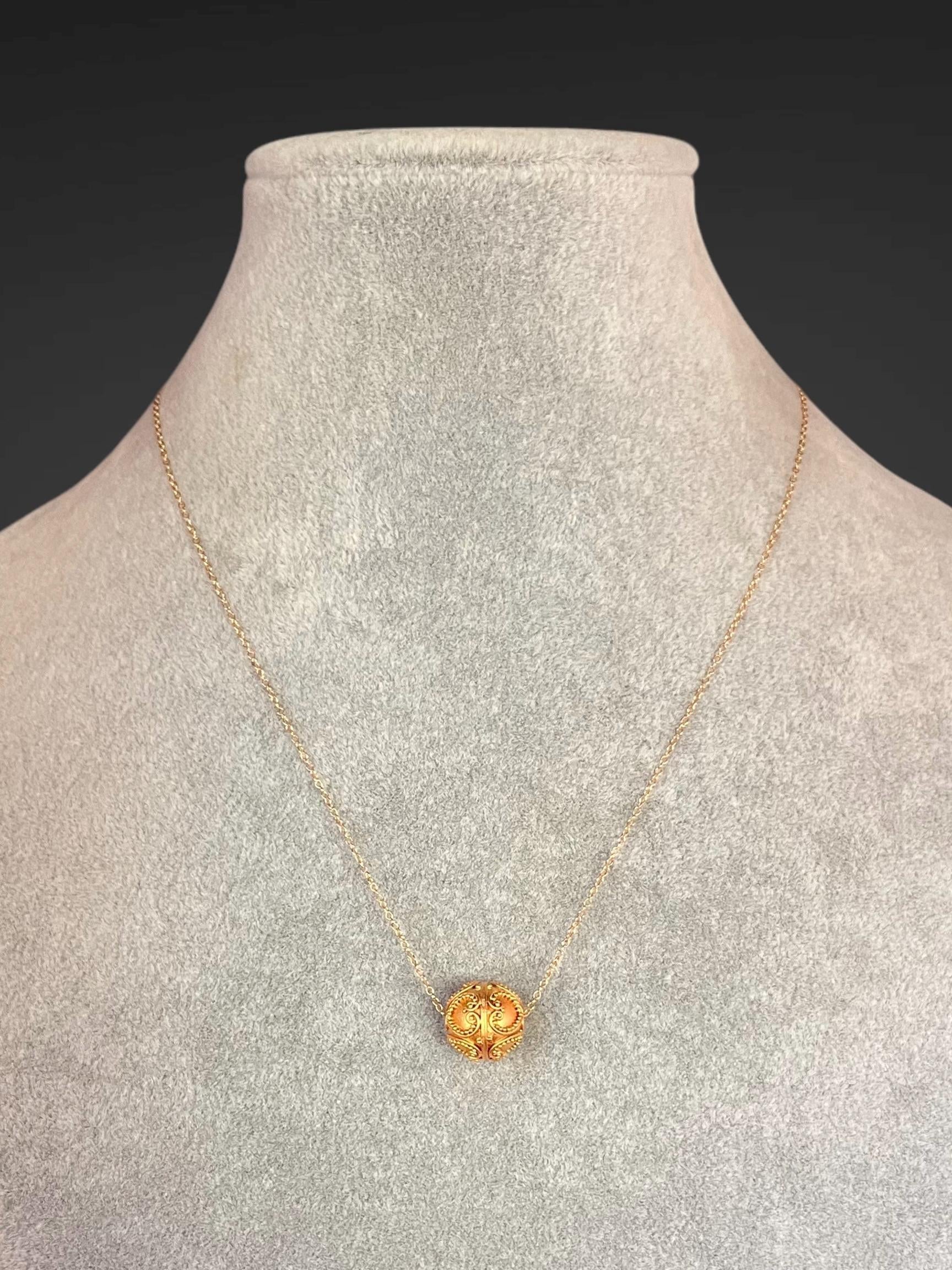 Matte Gold Vermeil Filigree Bead Pendant Necklace on a Gold Filled Chain