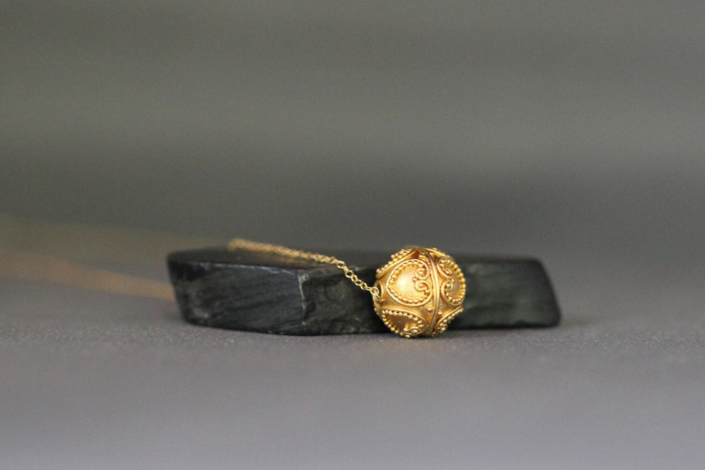 Matte Gold Vermeil Filigree Bead Pendant Necklace on a Gold Filled Chain